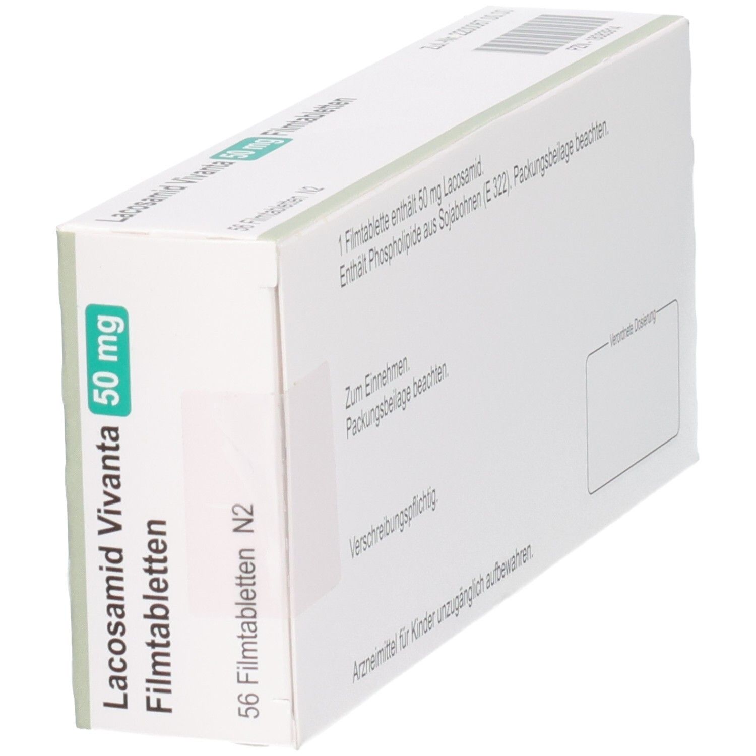 Rückseite der Packung Lacosamid Vivanta 50 mg Filmtabletten.