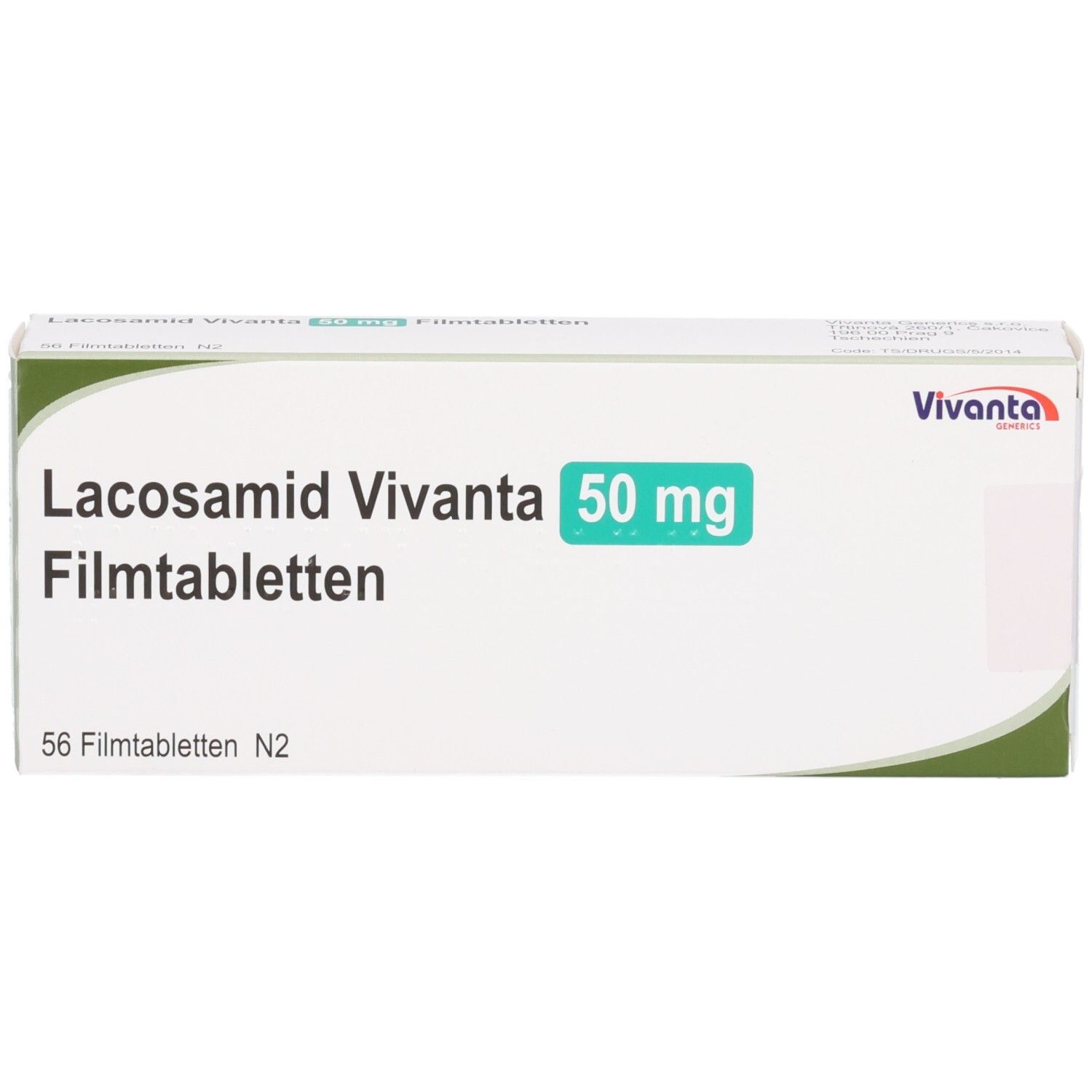 Packung Lacosamid Vivanta 50 mg Filmtabletten, 56 Stück.