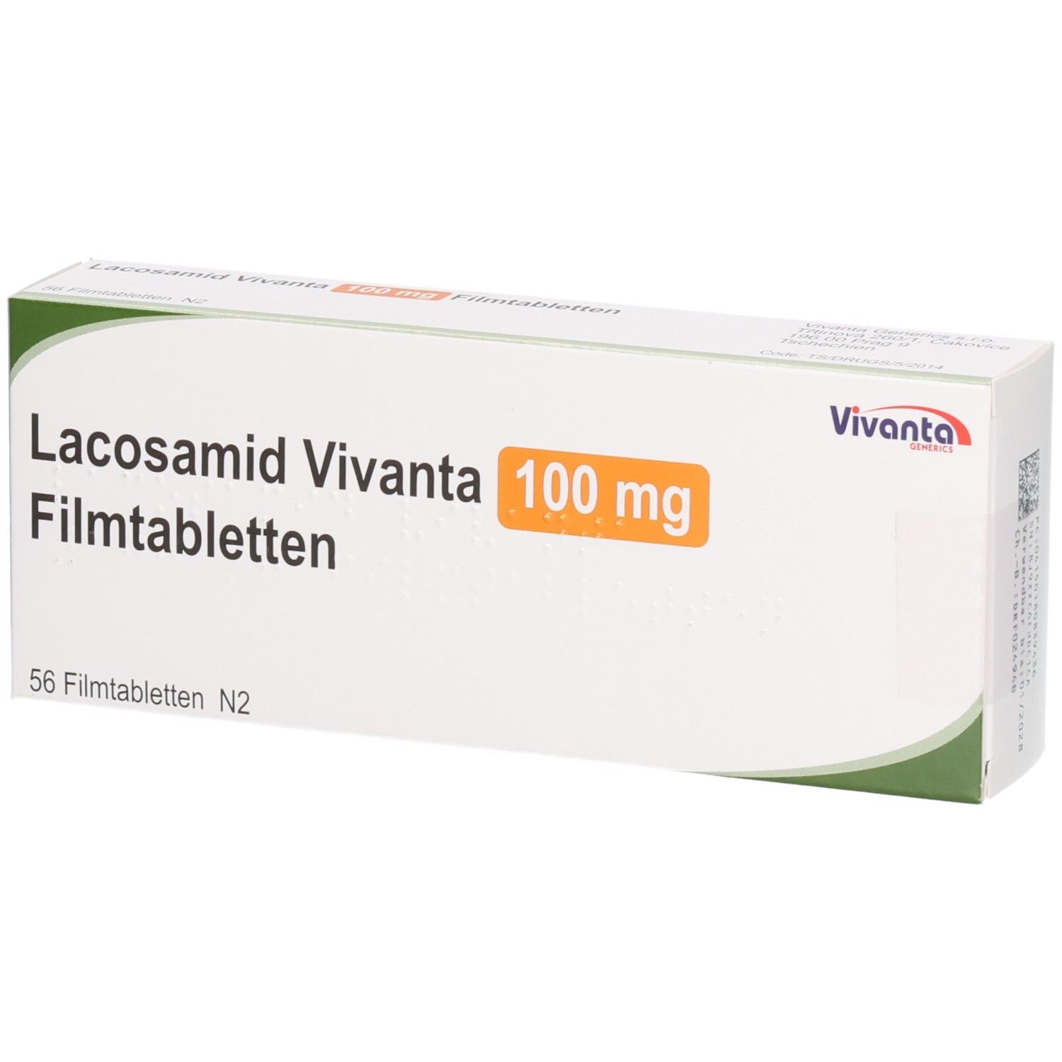 Schachtel mit LACOSAMID Vivanta 100 mg Filmtabletten. Aufschrift: 56 Filmtabletten N2. Orangefarbenes Feld mit 100 mg.