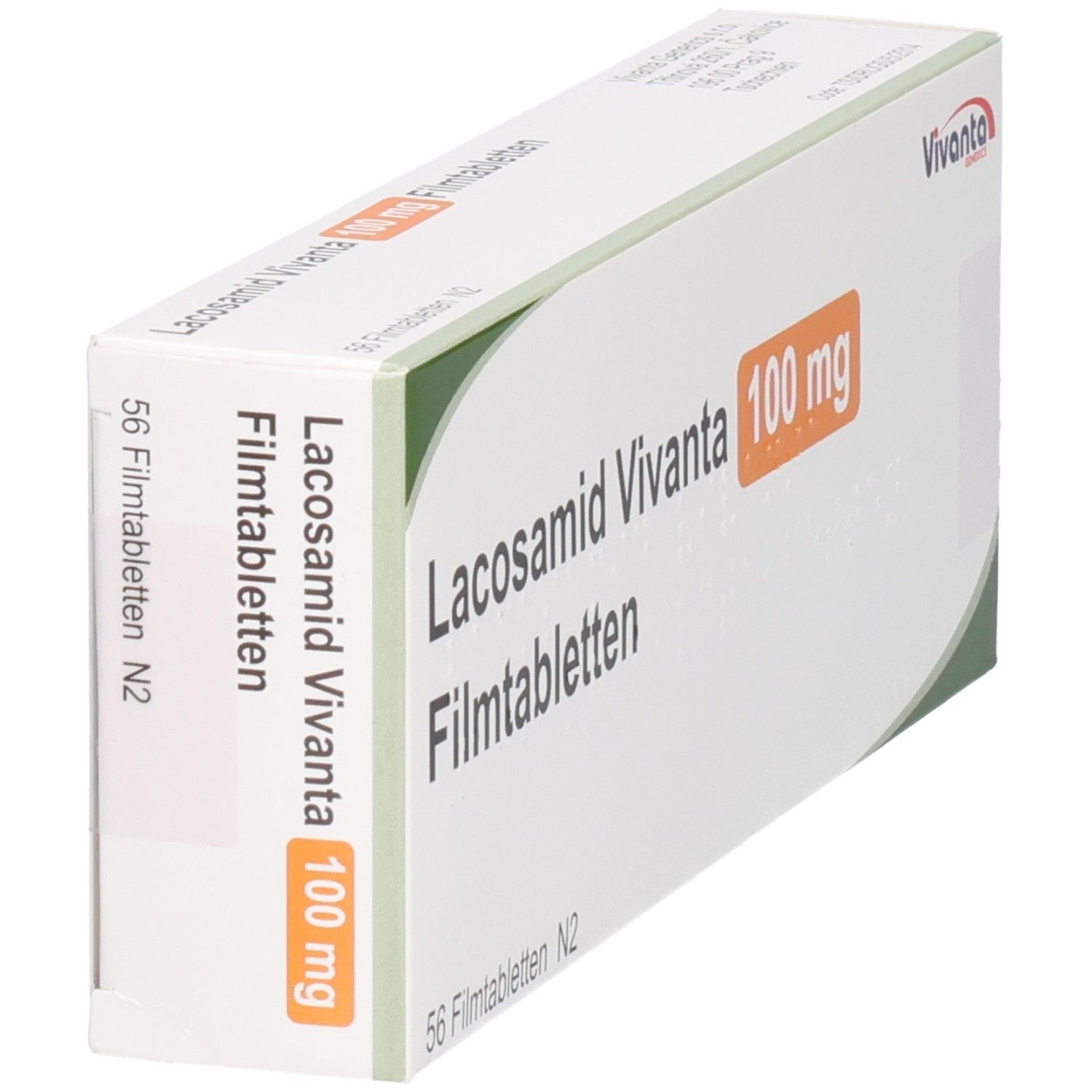 Schachtel LACOSAMID Vivanta 100 mg Filmtabletten. Aufschrift: 56 Filmtabletten N2. Orangefarbenes Feld mit 100 mg. Vivanta-Logo.