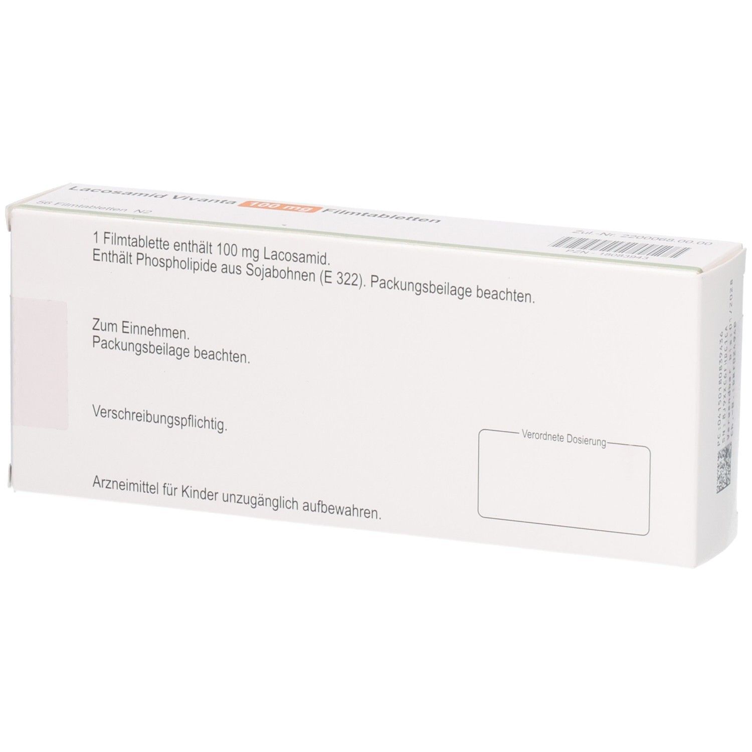 Rückseite der Schachtel LACOSAMID Vivanta. Text: 1 Filmtablette enthält 100 mg Lacosamid. Verschreibungspflichtig. Hinweise.