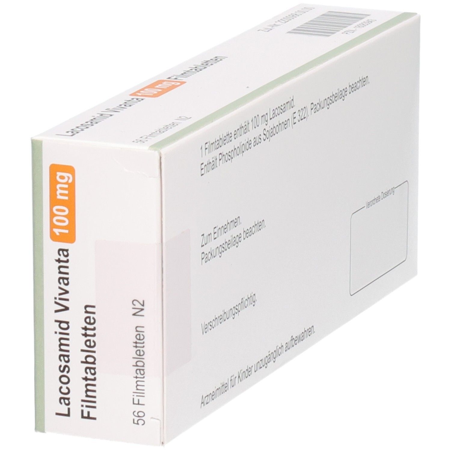 Schachtel LACOSAMID Vivanta 100 mg Filmtabletten. Aufschrift: 56 Filmtabletten N2. Orangefarbenes Feld mit 100 mg. Vivanta-Logo.