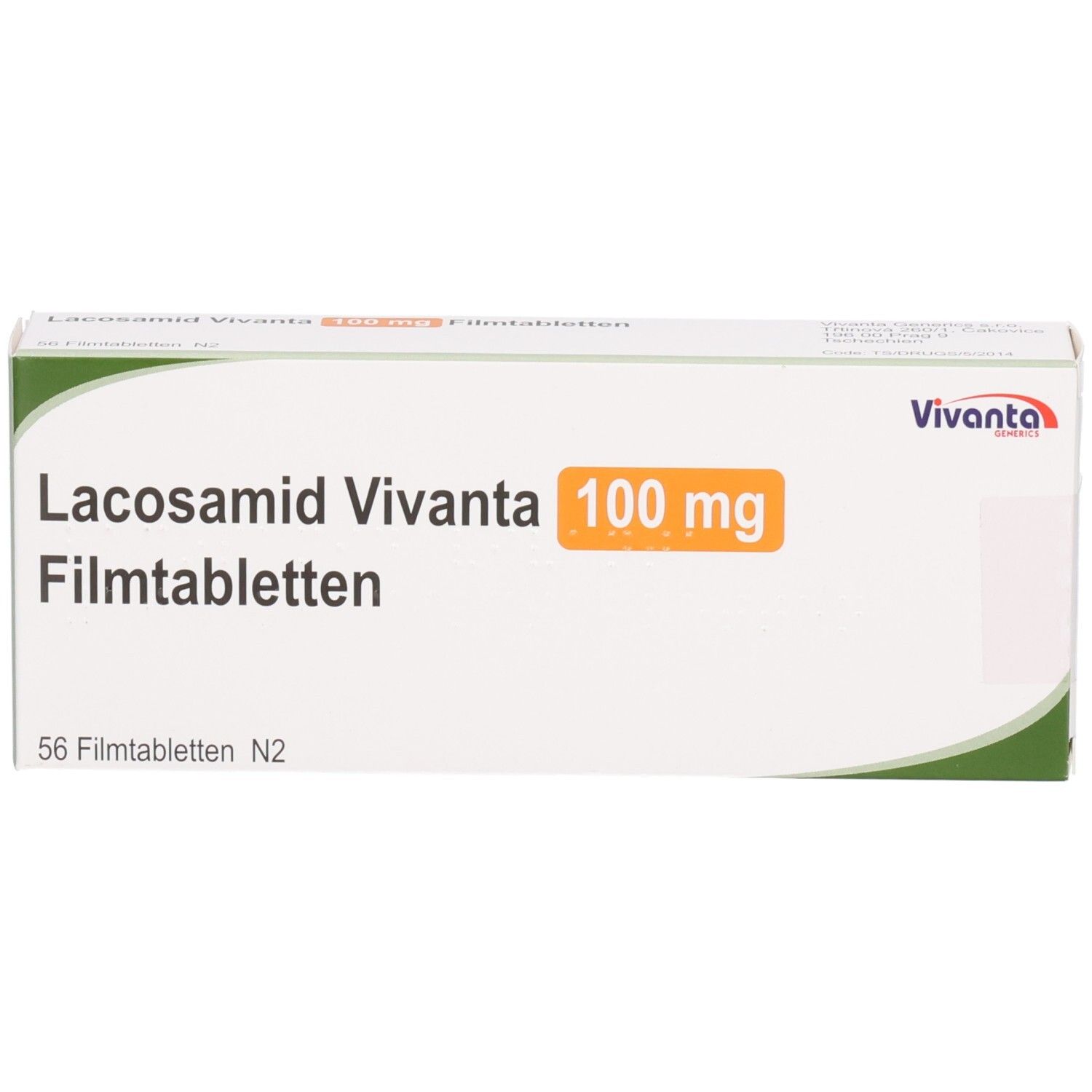 Schachtel mit LACOSAMID Vivanta 100 mg Filmtabletten. Aufschrift: 56 Filmtabletten N2. Orangefarbenes Feld mit 100 mg.