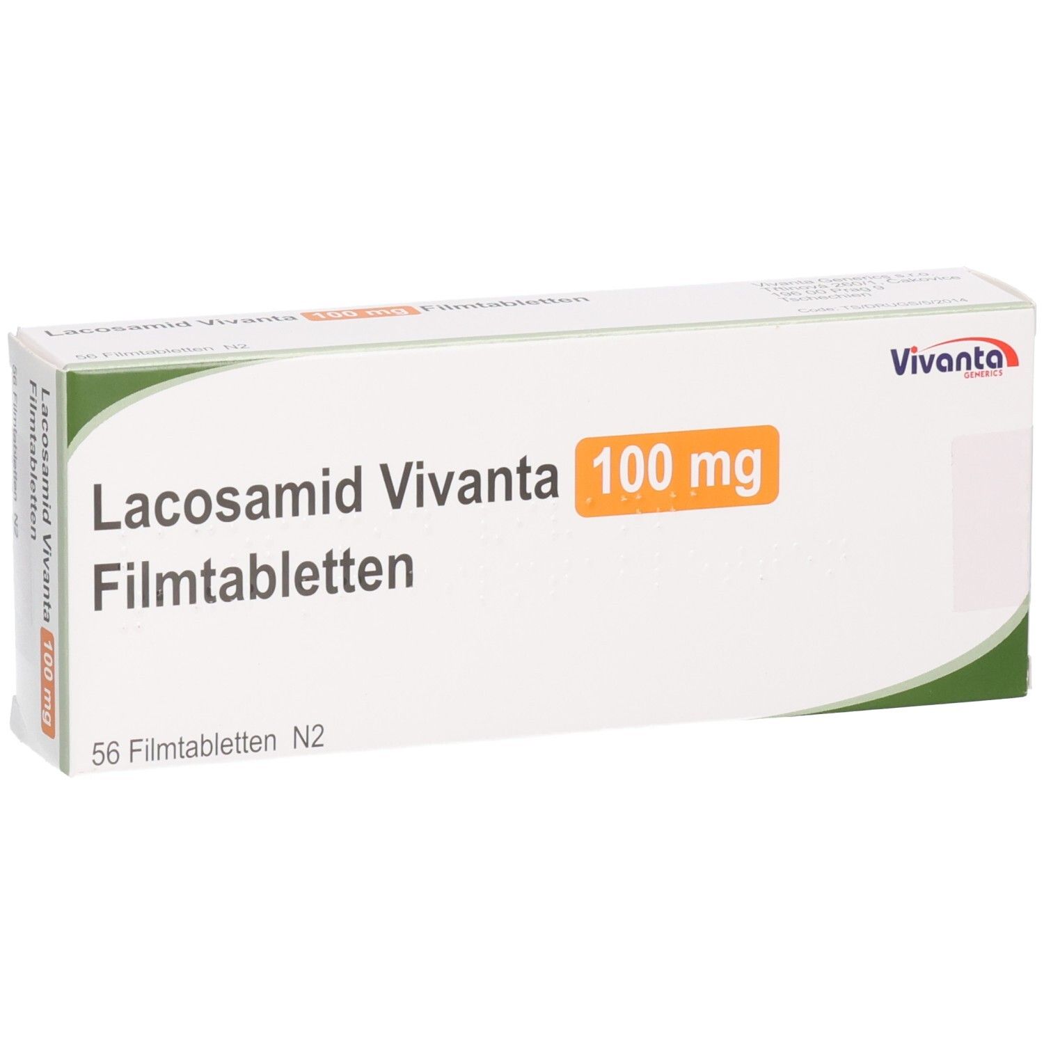 Schachtel mit LACOSAMID Vivanta 100 mg Filmtabletten. Aufschrift: 56 Filmtabletten N2. Orangefarbenes Feld mit 100 mg. Vivanta-Logo.