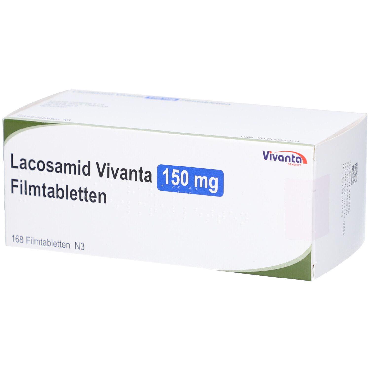 Schachtel mit LACOSAMID Vivanta 150 mg Filmtabletten. Aufschrift: 168 Filmtabletten N3. Marke Vivanta.