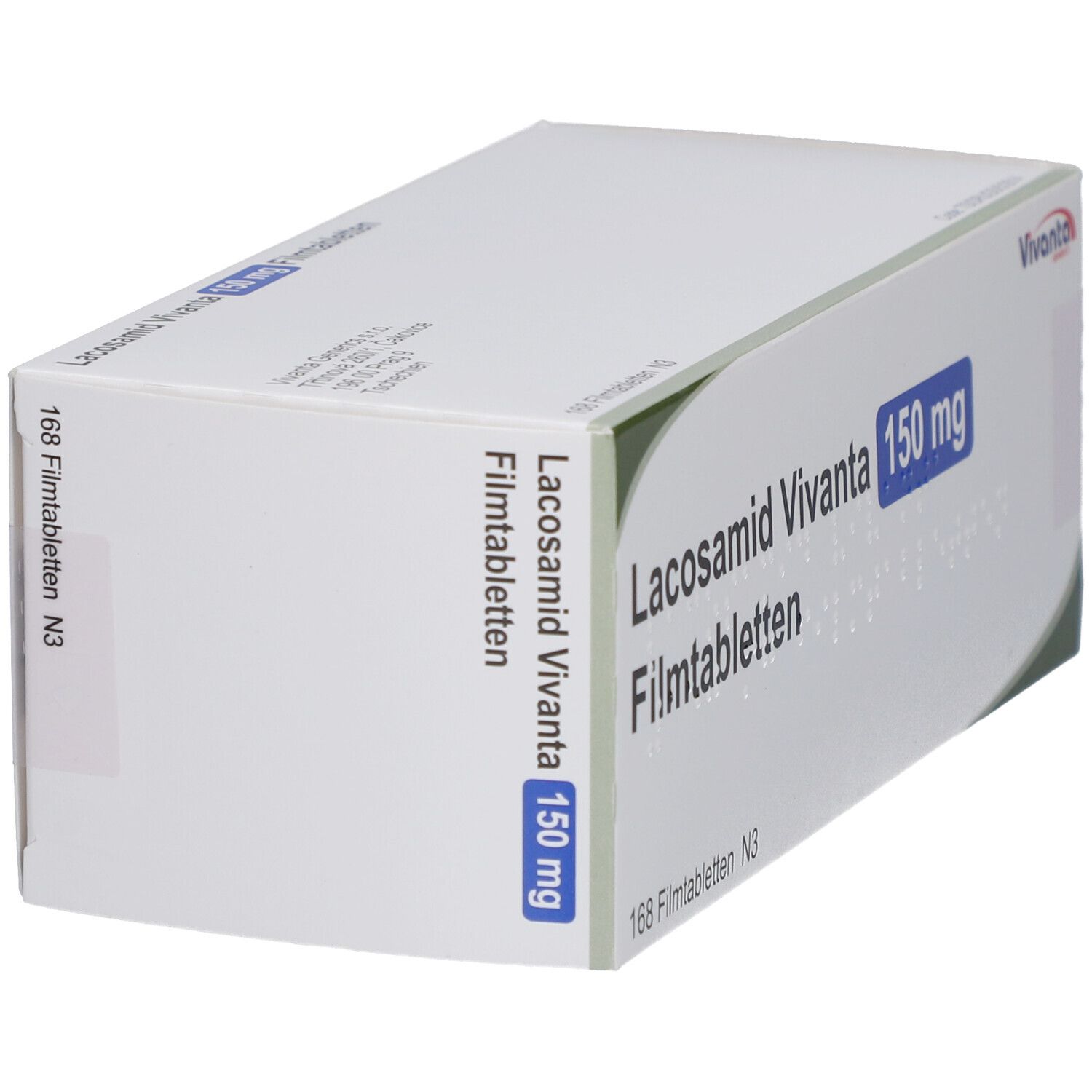 Schachtel LACOSAMID Vivanta 150 mg Filmtabletten. Aufschrift: 168 Filmtabletten N3. Marke Vivanta.