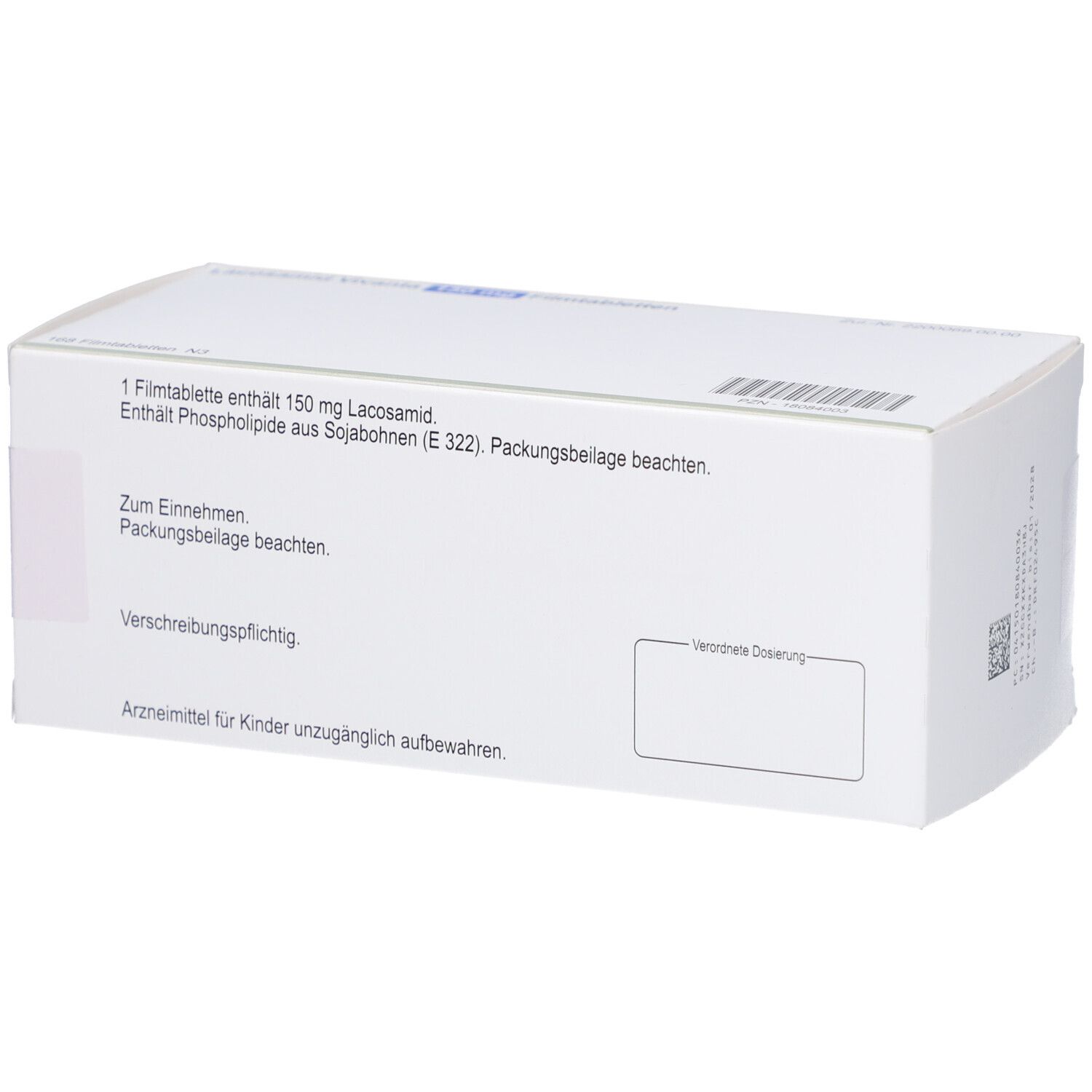 Rückseite der Schachtel LACOSAMID Vivanta 150 mg Filmtabletten. Text: Zum Einnehmen. Verschreibungspflichtig.
