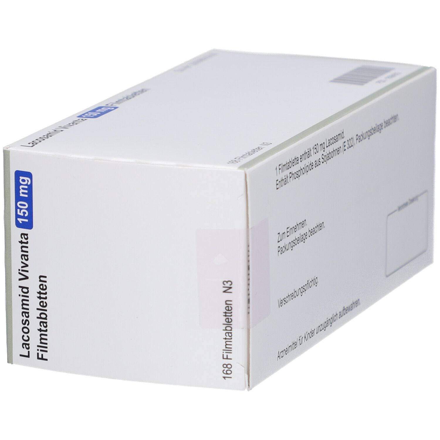 Schachtel LACOSAMID Vivanta 150 mg Filmtabletten. Aufschrift: 168 Filmtabletten N3. Text: Zum Einnehmen. Verschreibungspflichtig.