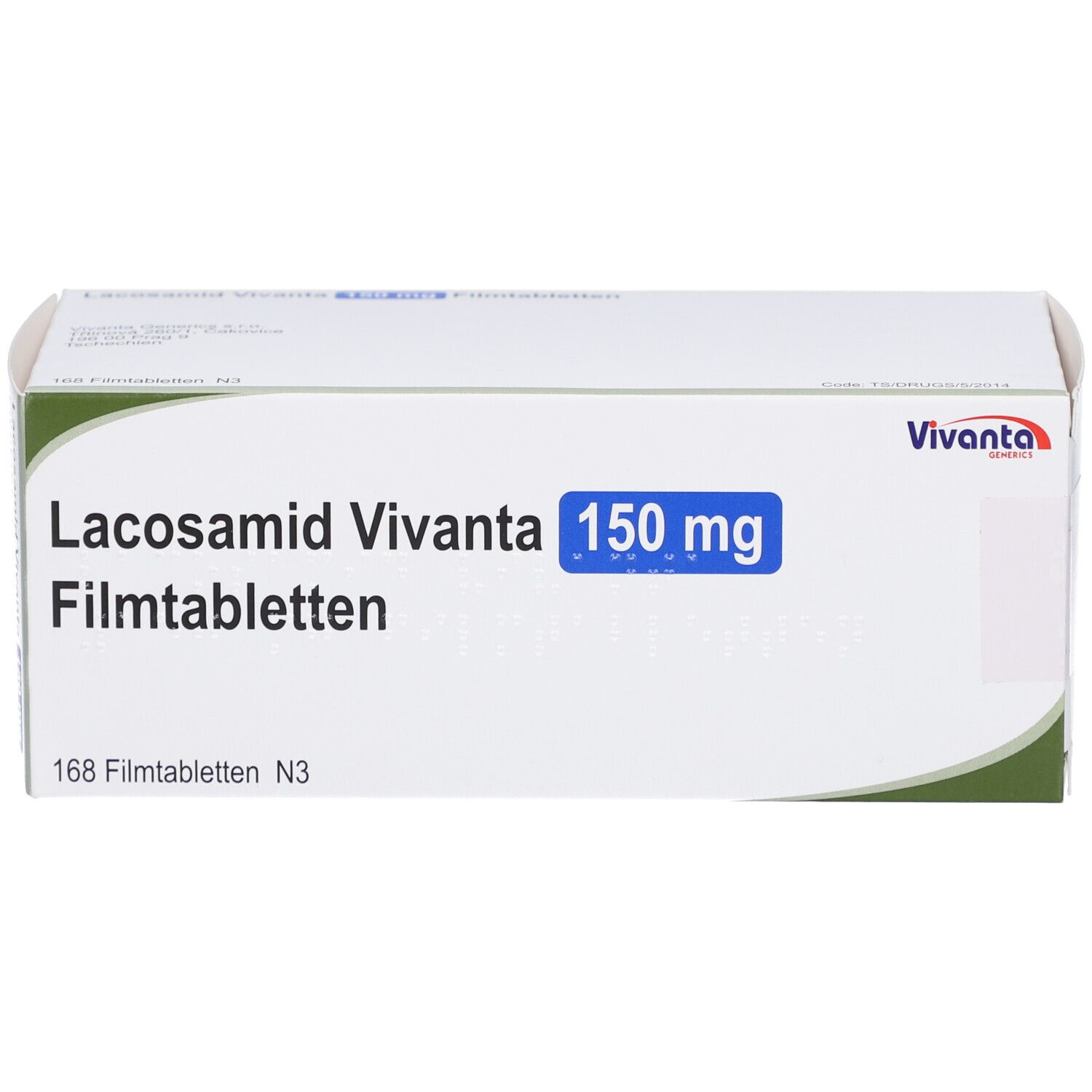 Schachtel LACOSAMID Vivanta 150 mg Filmtabletten. Aufschrift: 168 Filmtabletten N3. Marke Vivanta.