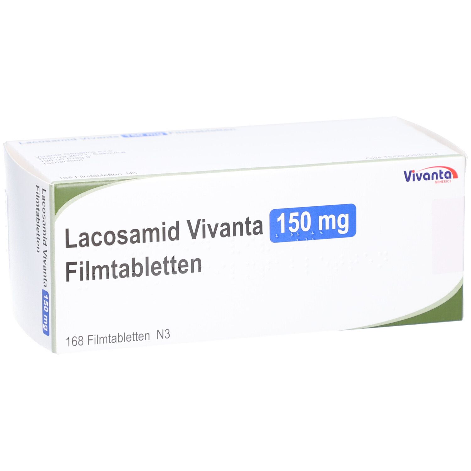 Schachtel LACOSAMID Vivanta 150 mg Filmtabletten. Aufschrift: 168 Filmtabletten N3. Marke Vivanta.