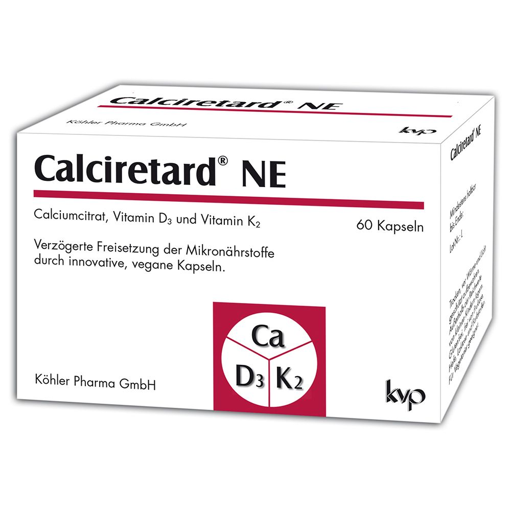Weiße Schachtel mit Aufschrift Calciretard NE. Enthält 60 Kapseln. Logo mit Ca, D3, K2. Hersteller: Köhler Pharma GmbH.