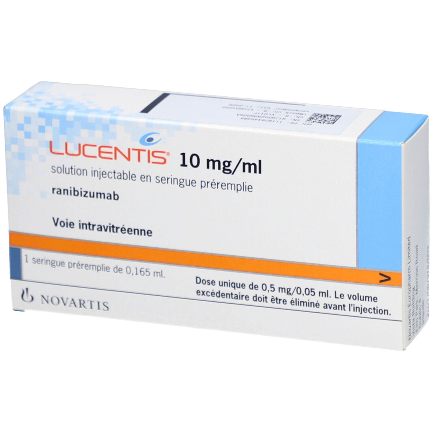 Karton LUCENTIS 10 mg/ml. Lösung zur Injektion in Fertigspritze. Enthält 1 Fertigspritze. Novartis Logo.
