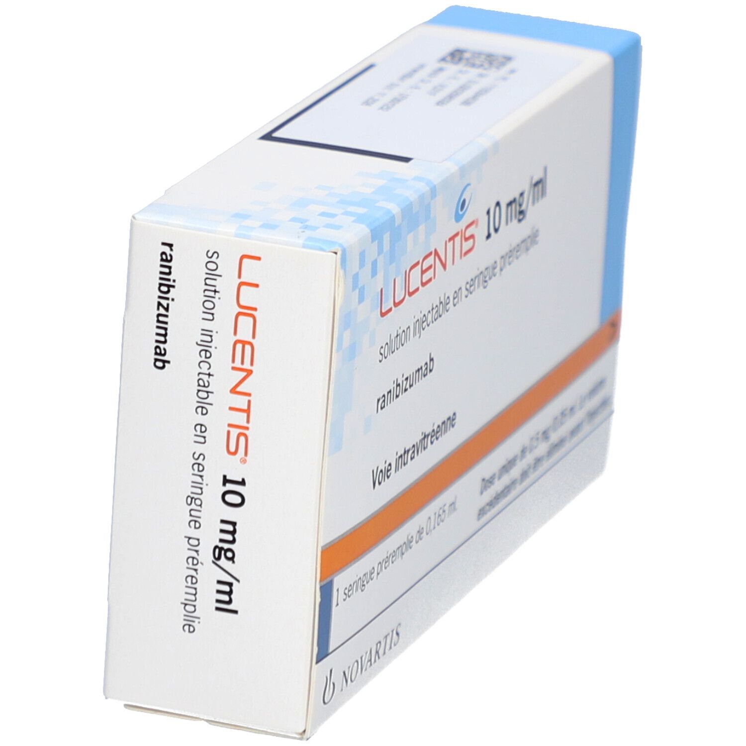 Karton LUCENTIS 10 mg/ml. Lösung zur Injektion in Fertigspritze. Seitenansicht. Novartis Logo.