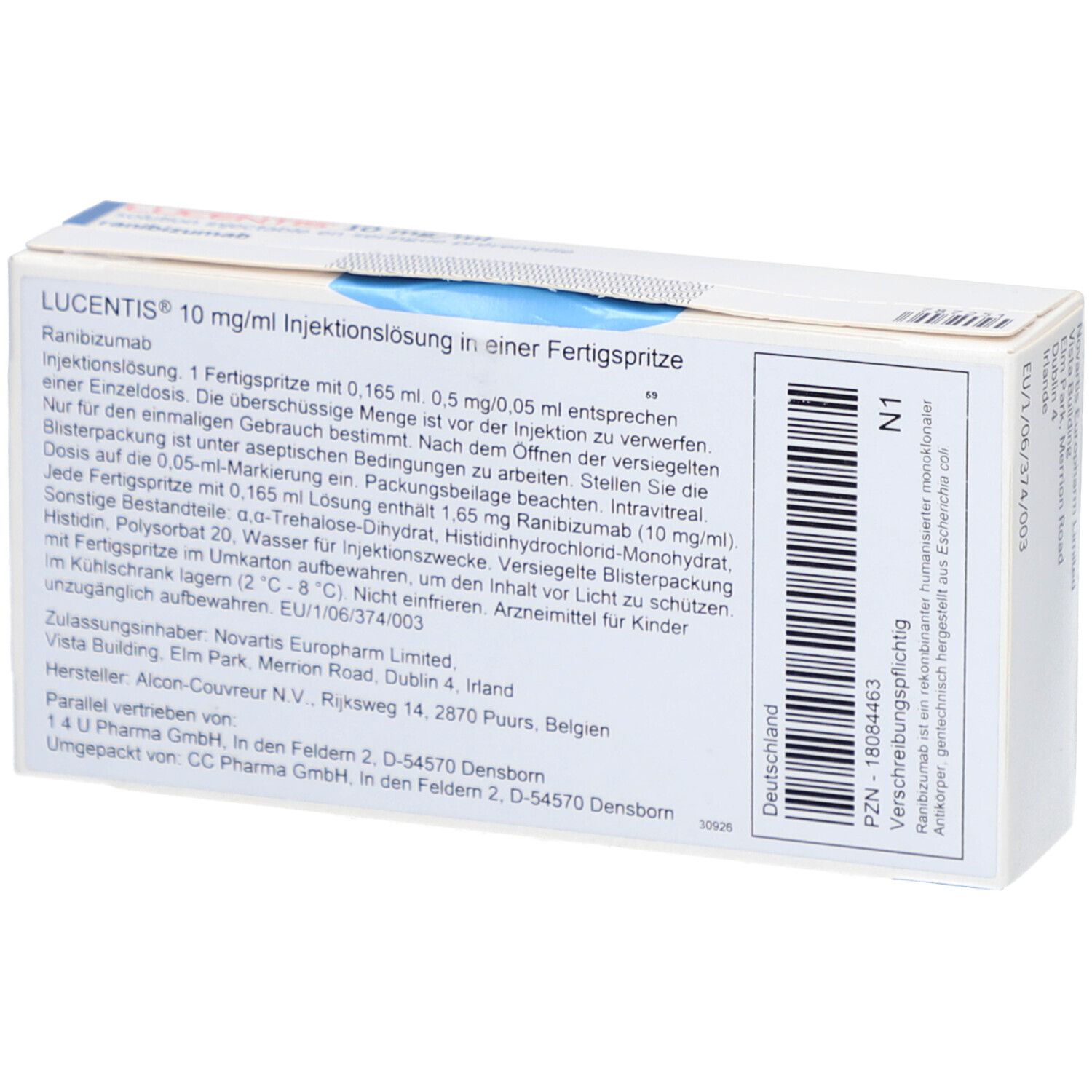 Rückseite der Verpackung von LUCENTIS 10 mg/ml. Textinformationen, Barcode, PZN-Nummer, Hersteller.