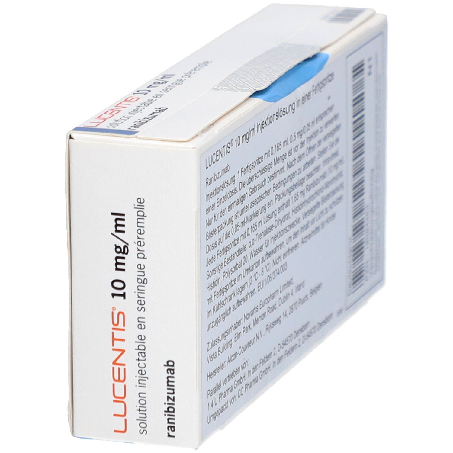 Seitenansicht der Verpackung von LUCENTIS 10 mg/ml. Textinformationen, Produktname, Logo.