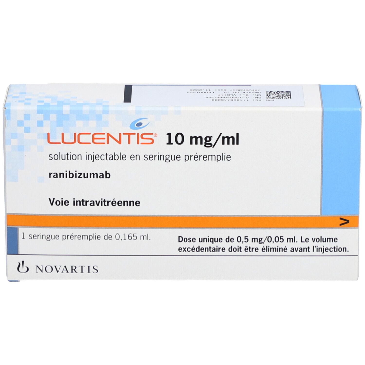 Karton LUCENTIS 10 mg/ml. Lösung zur Injektion in Fertigspritze. Enthält 1 Fertigspritze. Novartis Logo.