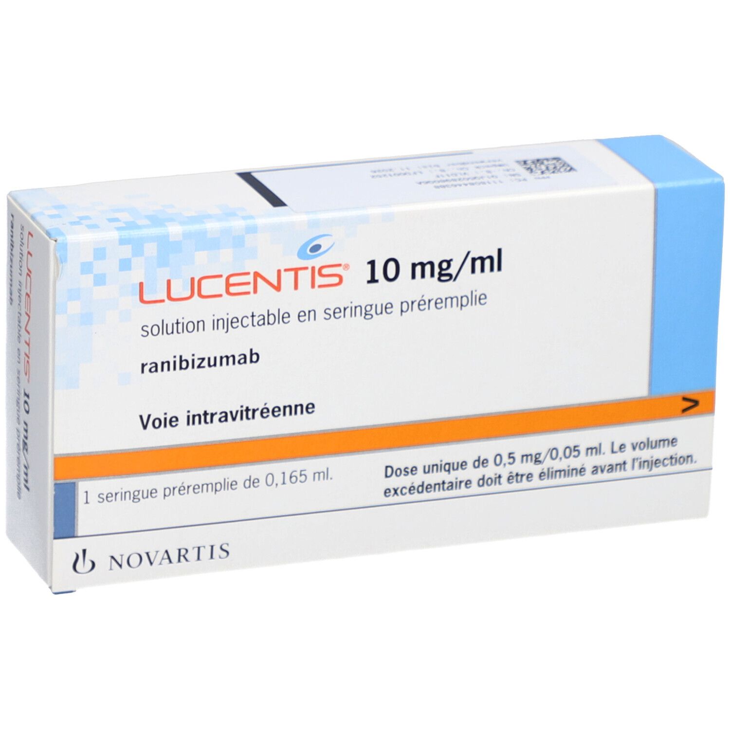 Karton LUCENTIS 10 mg/ml. Lösung zur Injektion in Fertigspritze. Enthält 1 Fertigspritze. Novartis Logo.
