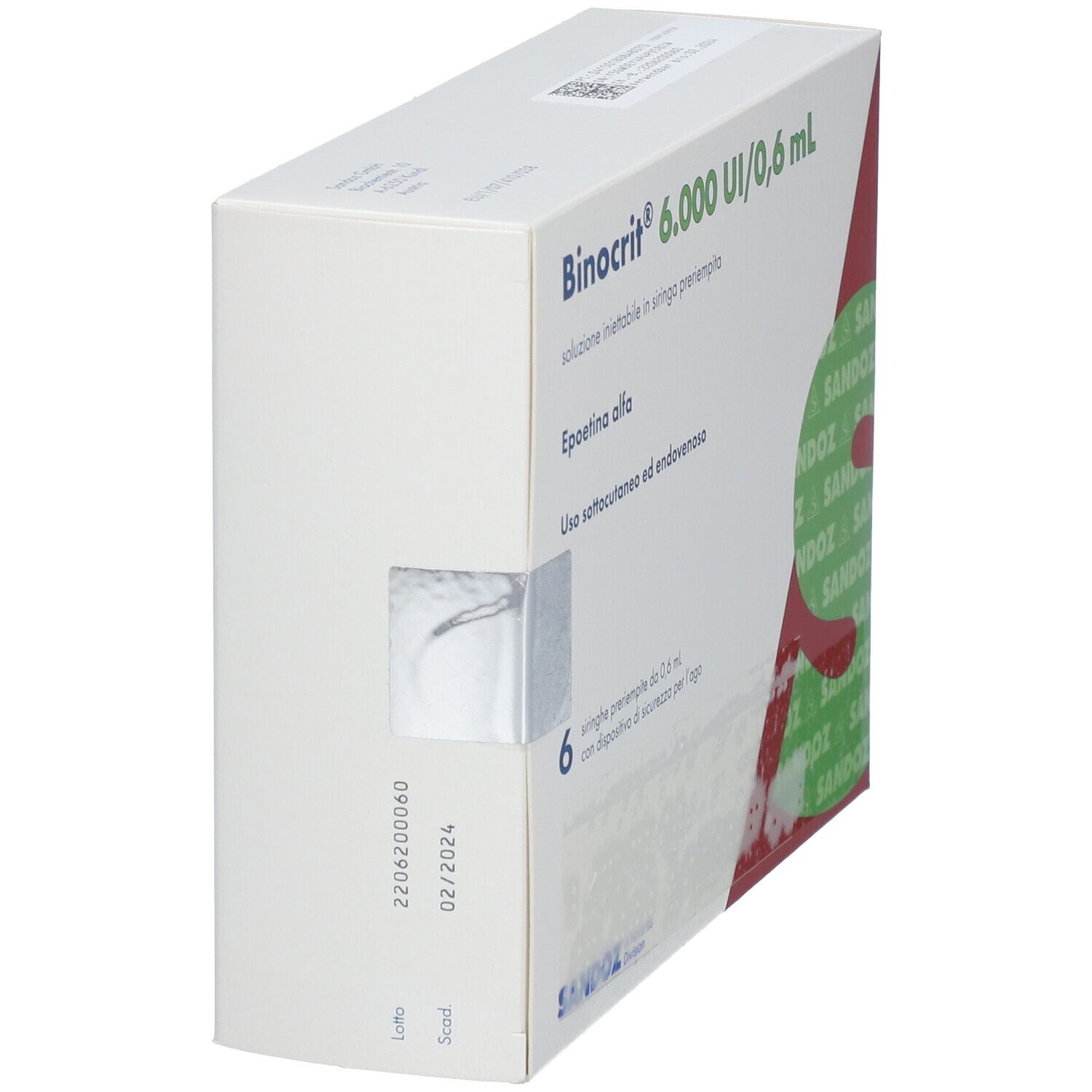 Seitenansicht der Binocrit-Verpackung. Enthält 6 Fertigspritzen. Aufschrift: Sandoz.
