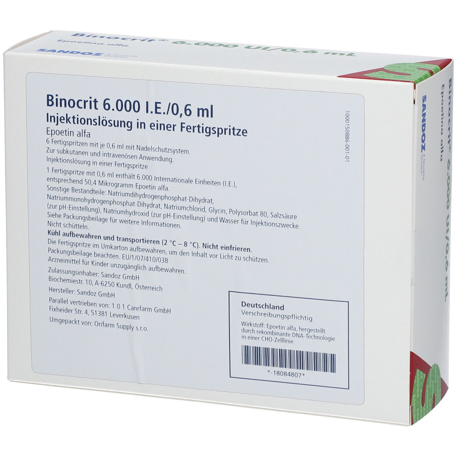 Rückseite der Binocrit-Verpackung. Enthält Informationen zu Inhaltsstoffen und Anwendung.