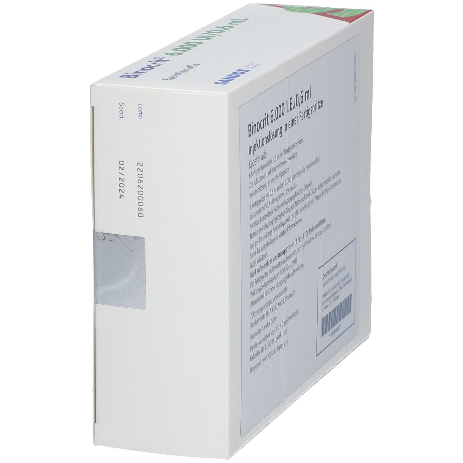 Seitenansicht der Binocrit-Verpackung. Enthält Informationen zu Inhaltsstoffen und Anwendung.