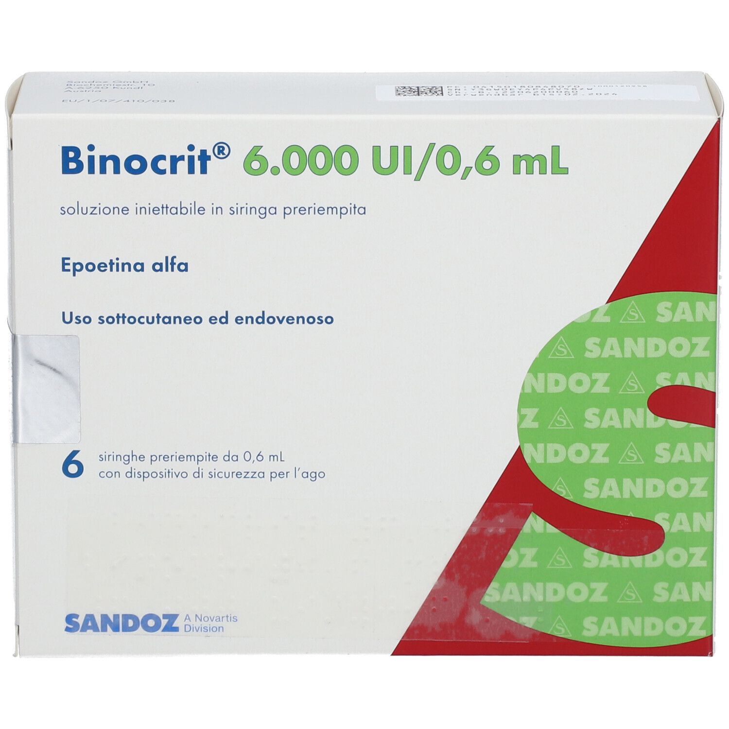 Vorderansicht der Binocrit-Verpackung. Enthält 6 Fertigspritzen. Aufschrift: Sandoz.
