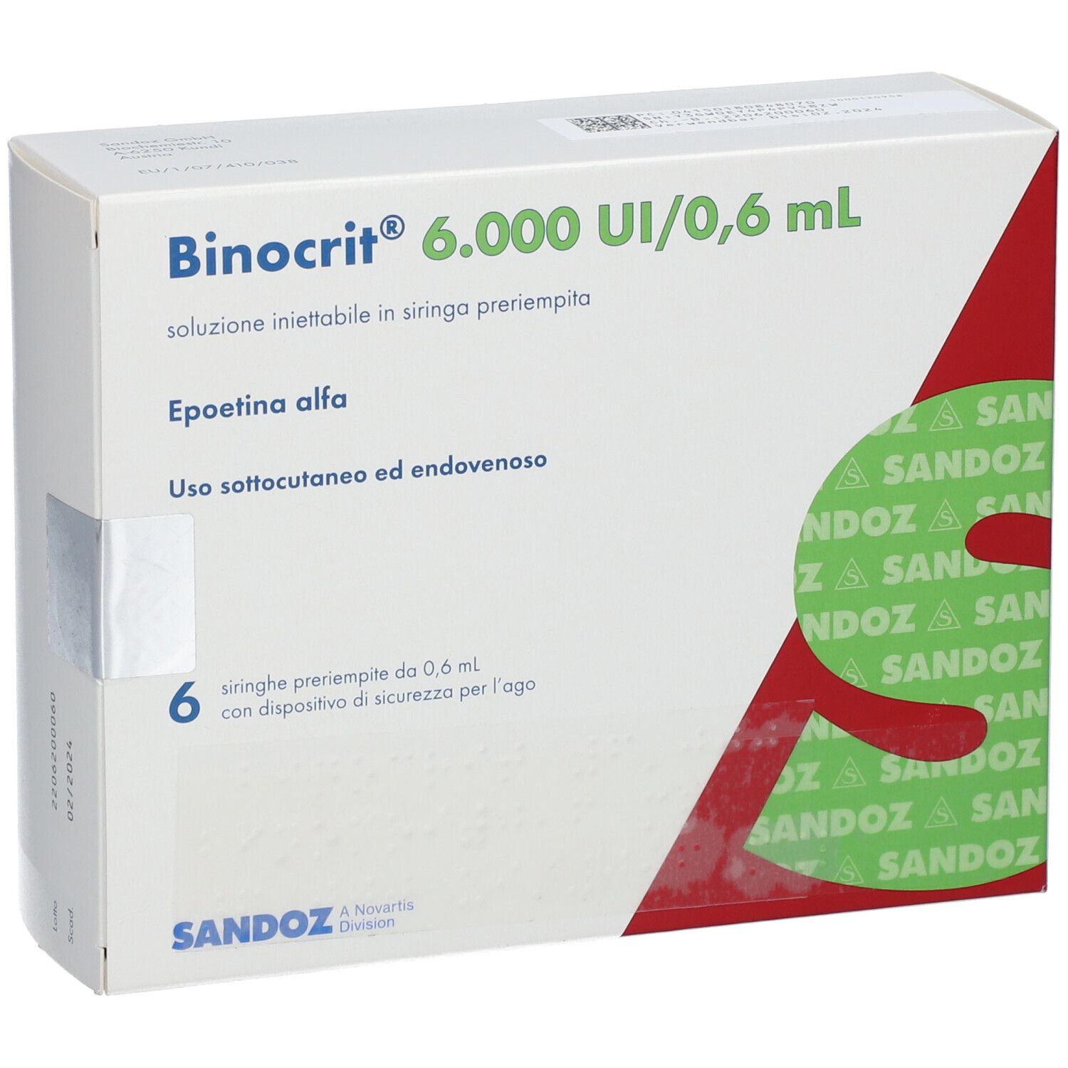 Vorderansicht der Binocrit-Verpackung. Enthält 6 Fertigspritzen. Aufschrift: Sandoz.