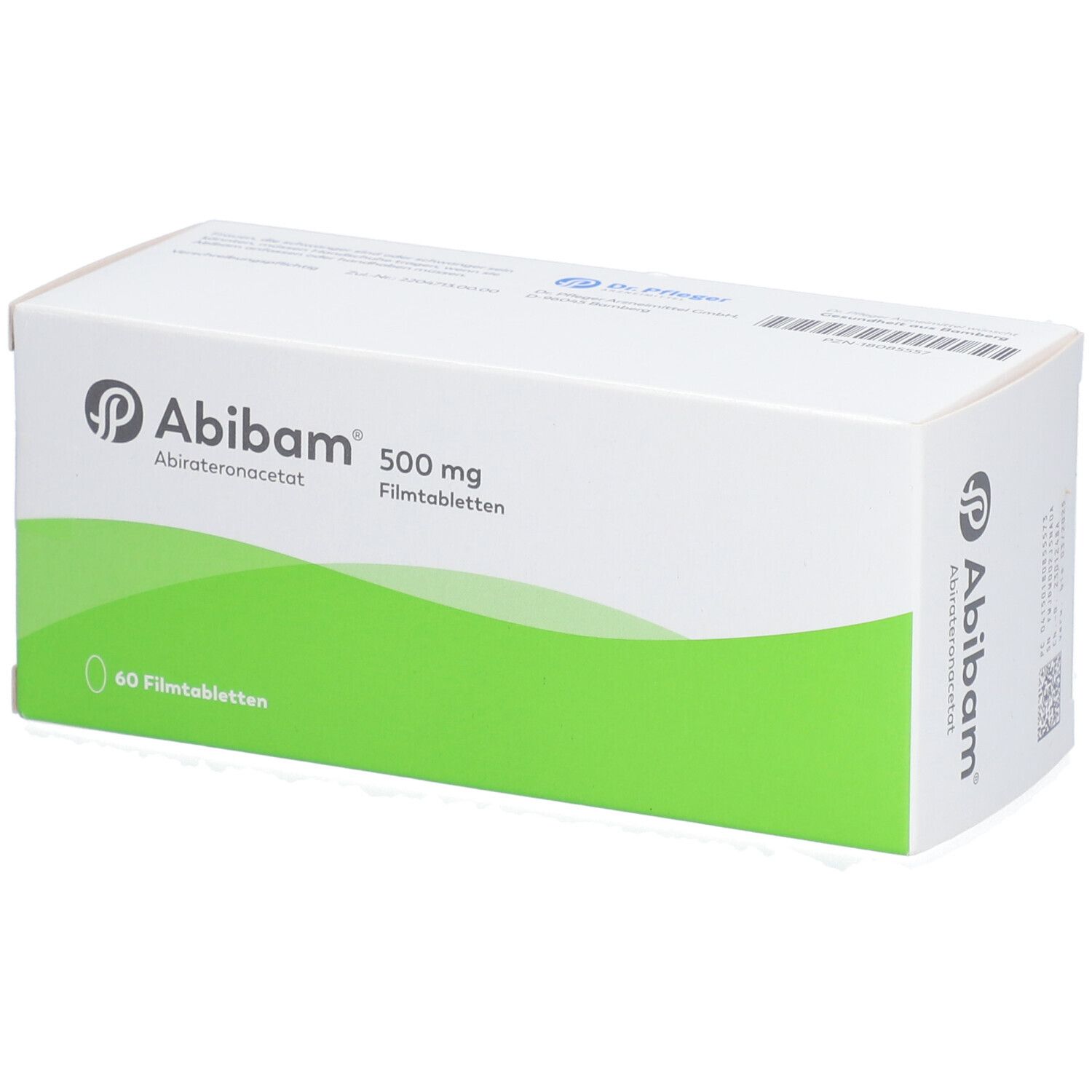 Weiße Schachtel mit grünem Wellenmuster. Aufschrift: Abibam 500 mg Filmtabletten. 60 Filmtabletten.