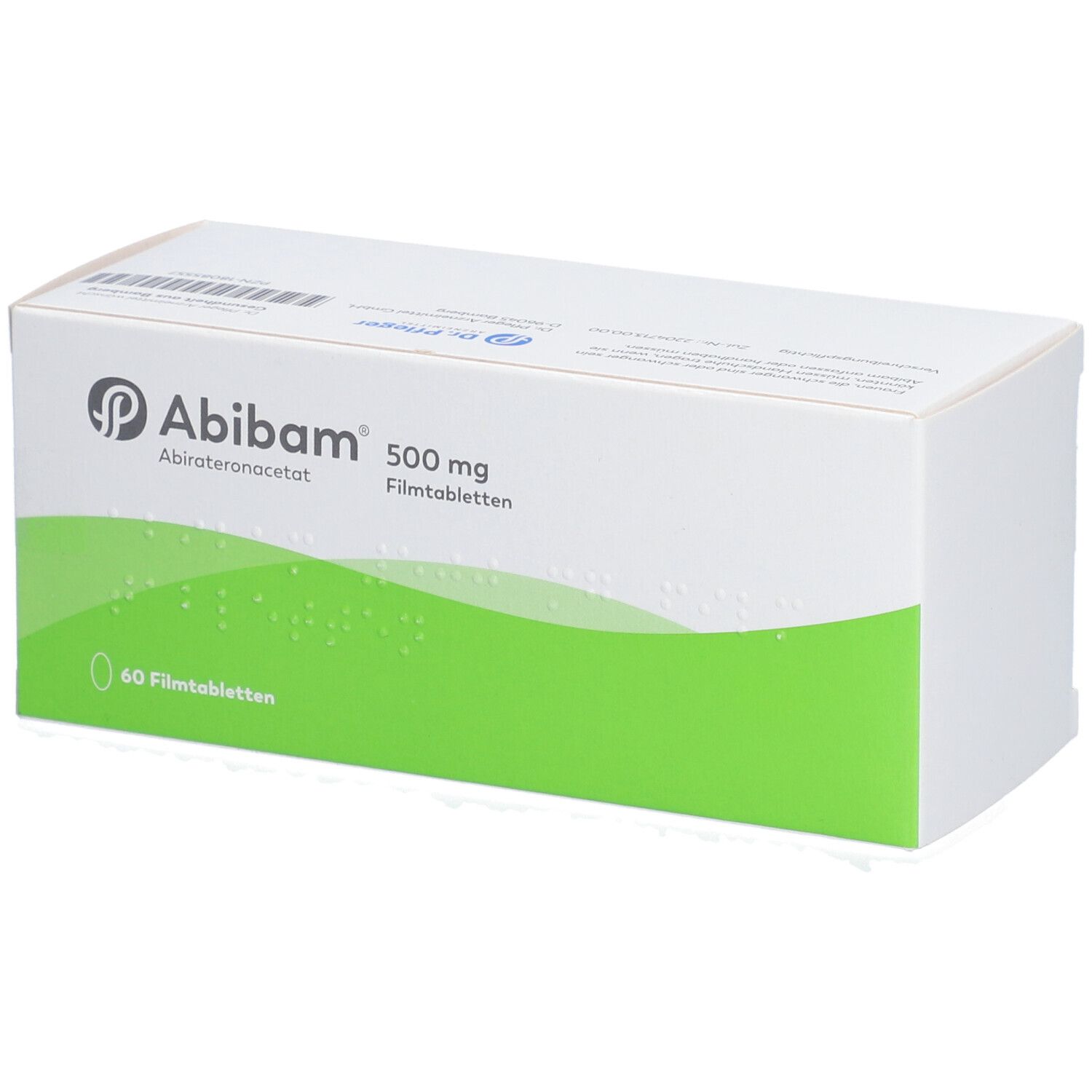 Weiße Schachtel mit grünem Wellenmuster. Aufschrift: Abibam 500 mg Filmtabletten. 60 Filmtabletten.