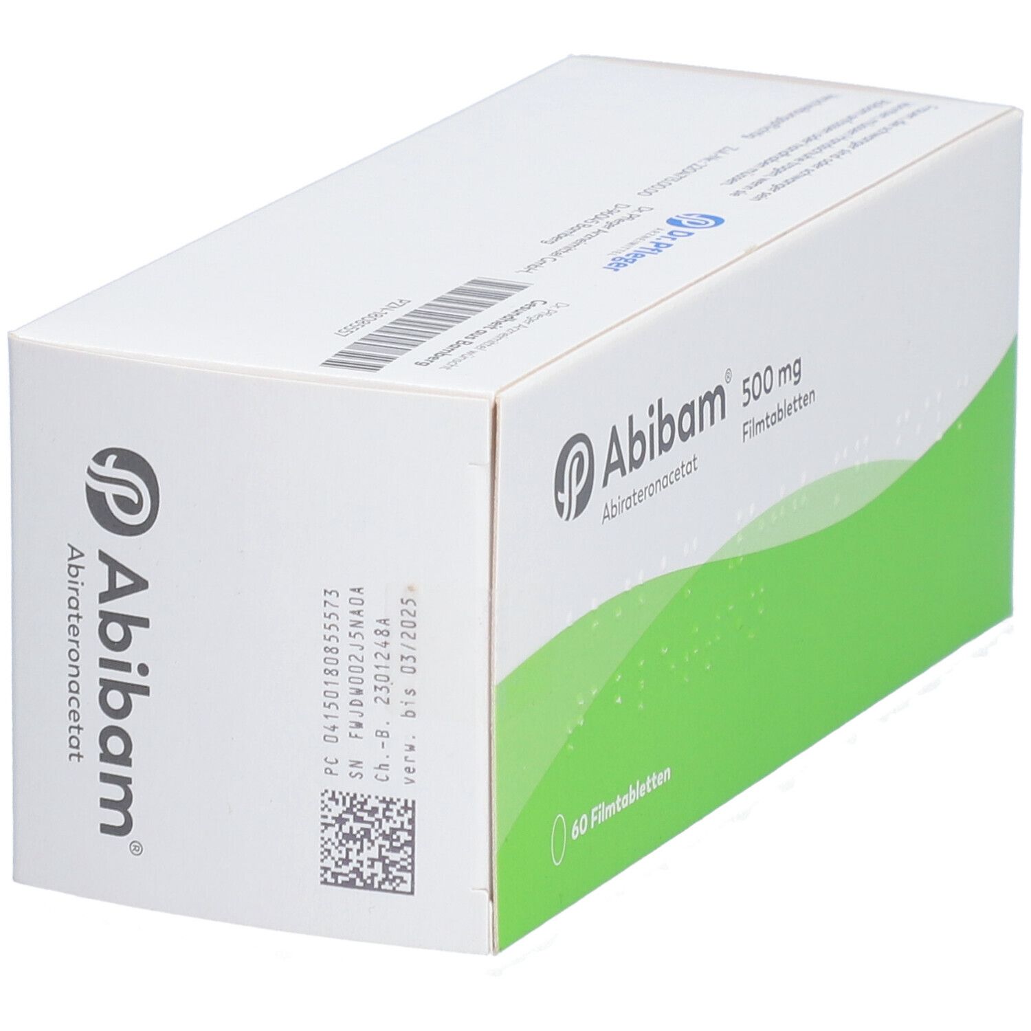 Weiße Schachtel mit grünem Wellenmuster. Aufschrift: Abibam 500 mg Filmtabletten. 60 Filmtabletten.