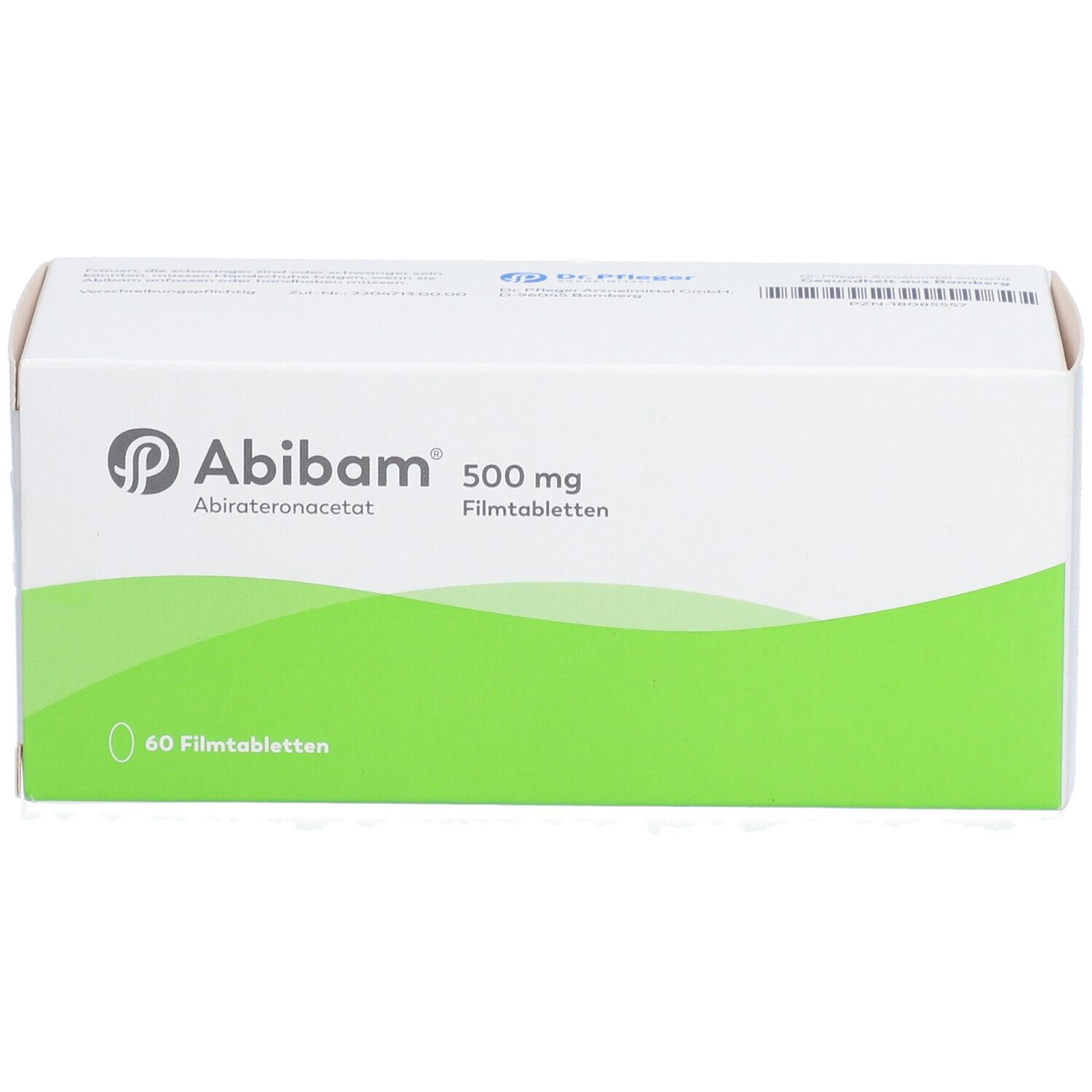 Weiße Schachtel mit grünem Wellenmuster. Aufschrift: Abibam 500 mg Filmtabletten. 60 Filmtabletten.