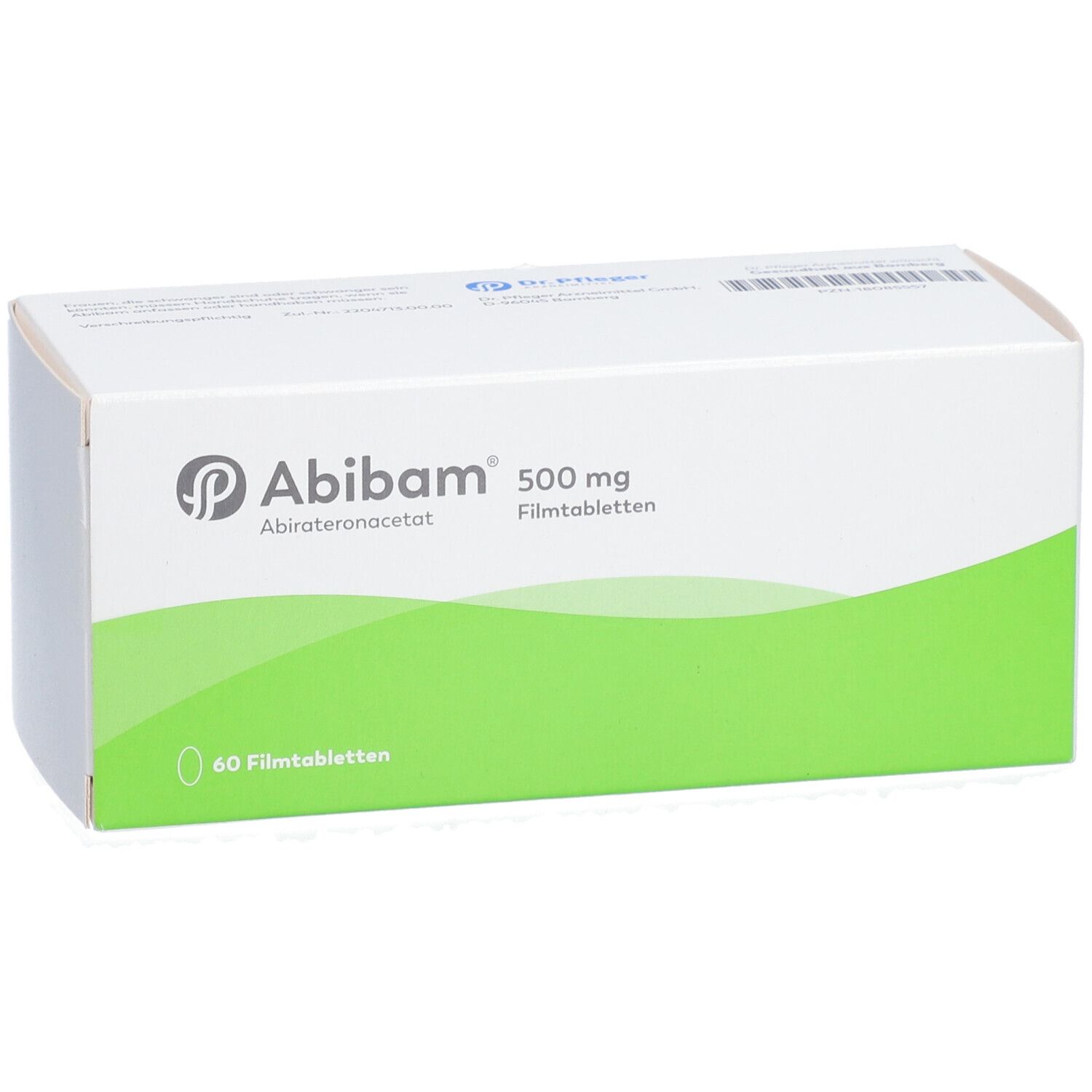 Weiße Schachtel mit grünem Wellenmuster. Aufschrift: Abibam 500 mg Filmtabletten. 60 Filmtabletten.