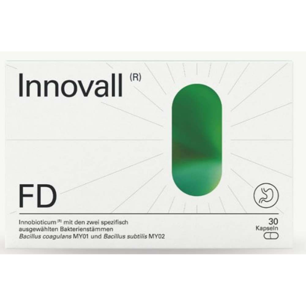 Weiße Schachtel mit grünem Oval. Aufschrift: Innovall FD. 30 Kapseln. Logo.