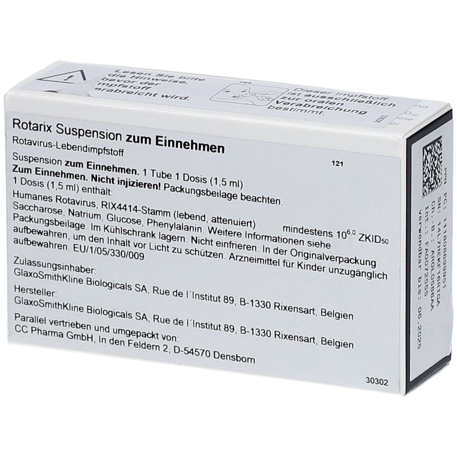 Schachtel "Rotarix Suspension zum Einnehmen". Enthält Informationen zur Zusammensetzung und Hersteller.