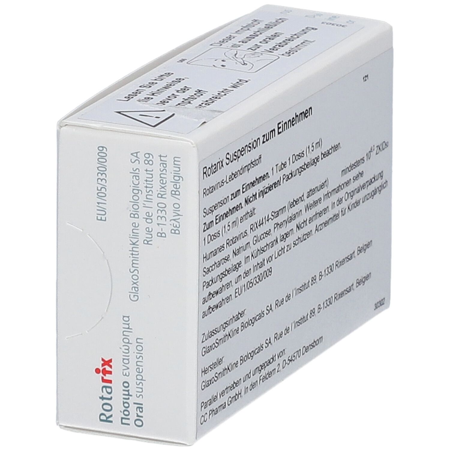 Schachtel "Rotarix Suspension zum Einnehmen". Enthält Informationen zur Zusammensetzung und Hersteller.