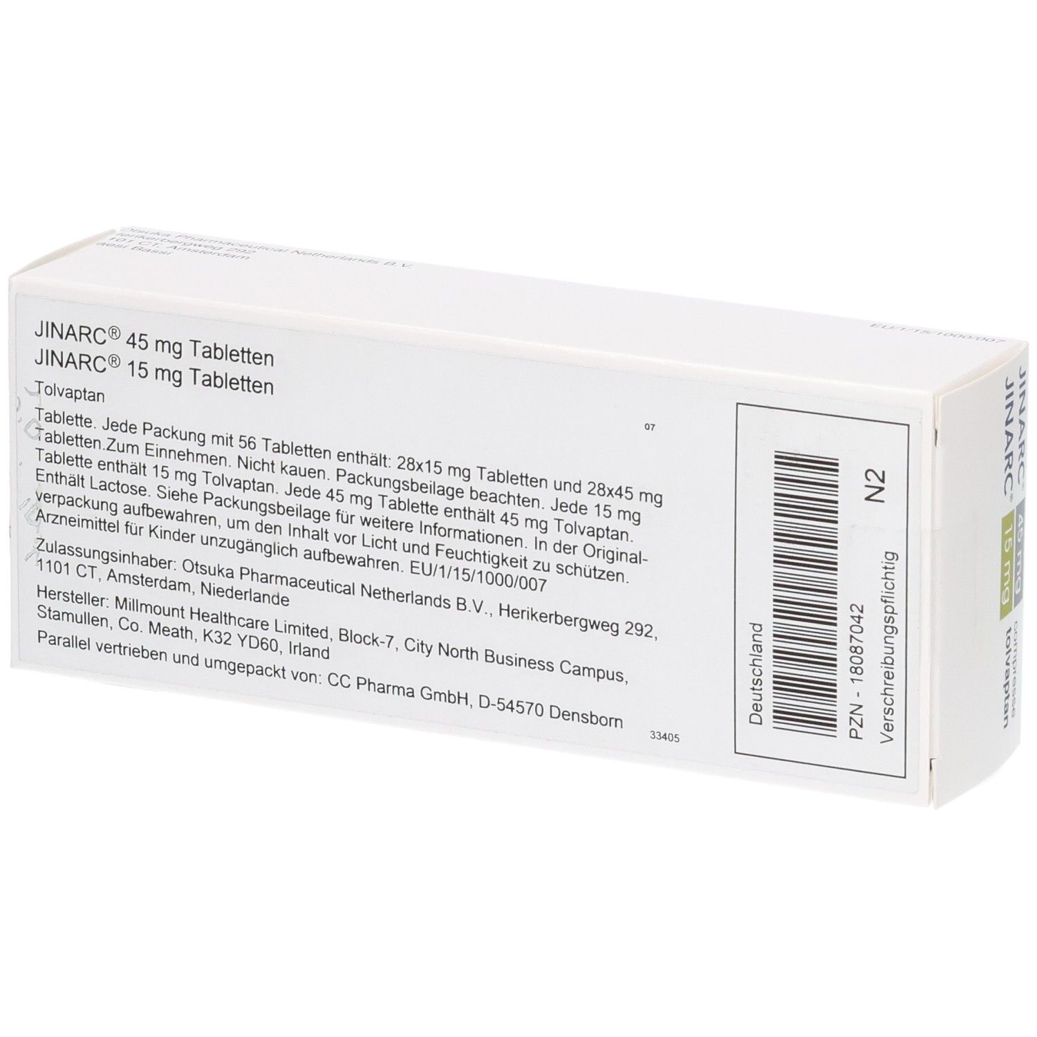Rückseite der JINARC 45 mg + 15 mg Tabletten Verpackung mit Produktinformationen und Barcode.