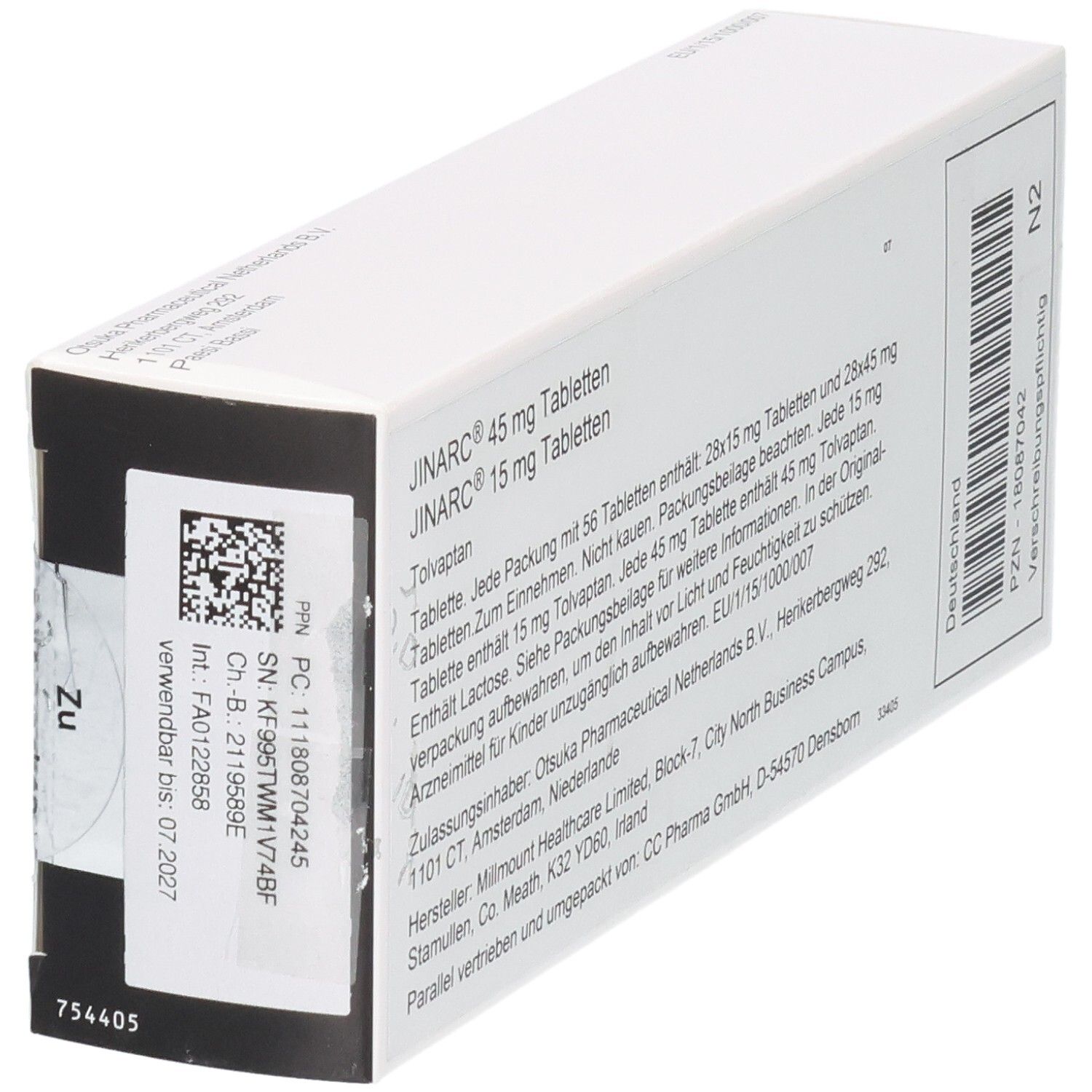 Seite der JINARC 45 mg + 15 mg Tabletten Verpackung mit Chargennummer und Verfallsdatum.