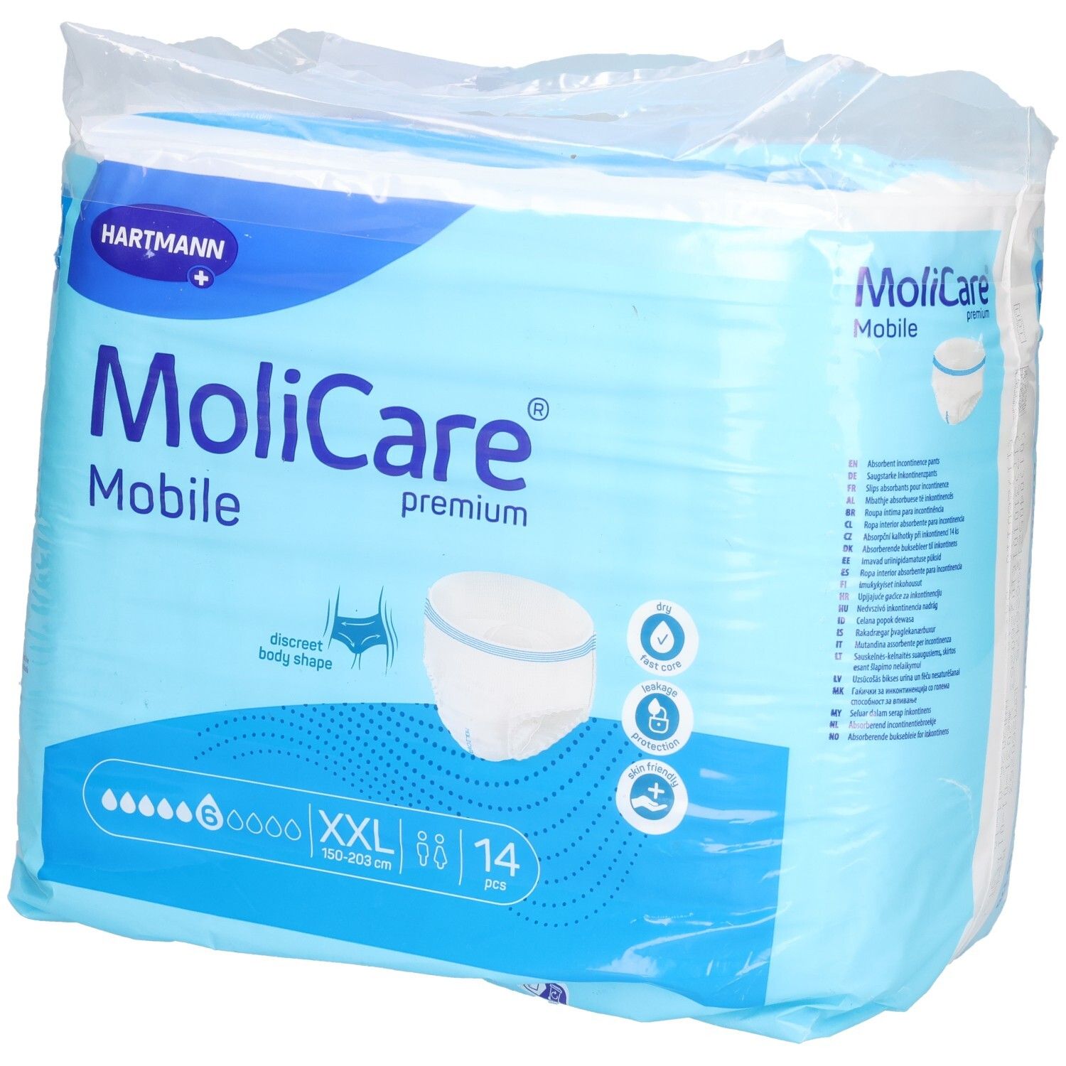 Verpackung MoliCare Mobile Premium, 14 Stück, XXL. Blaue Verpackung mit Produktabbildung und Tropfen-Symbol. Hartmann Logo.