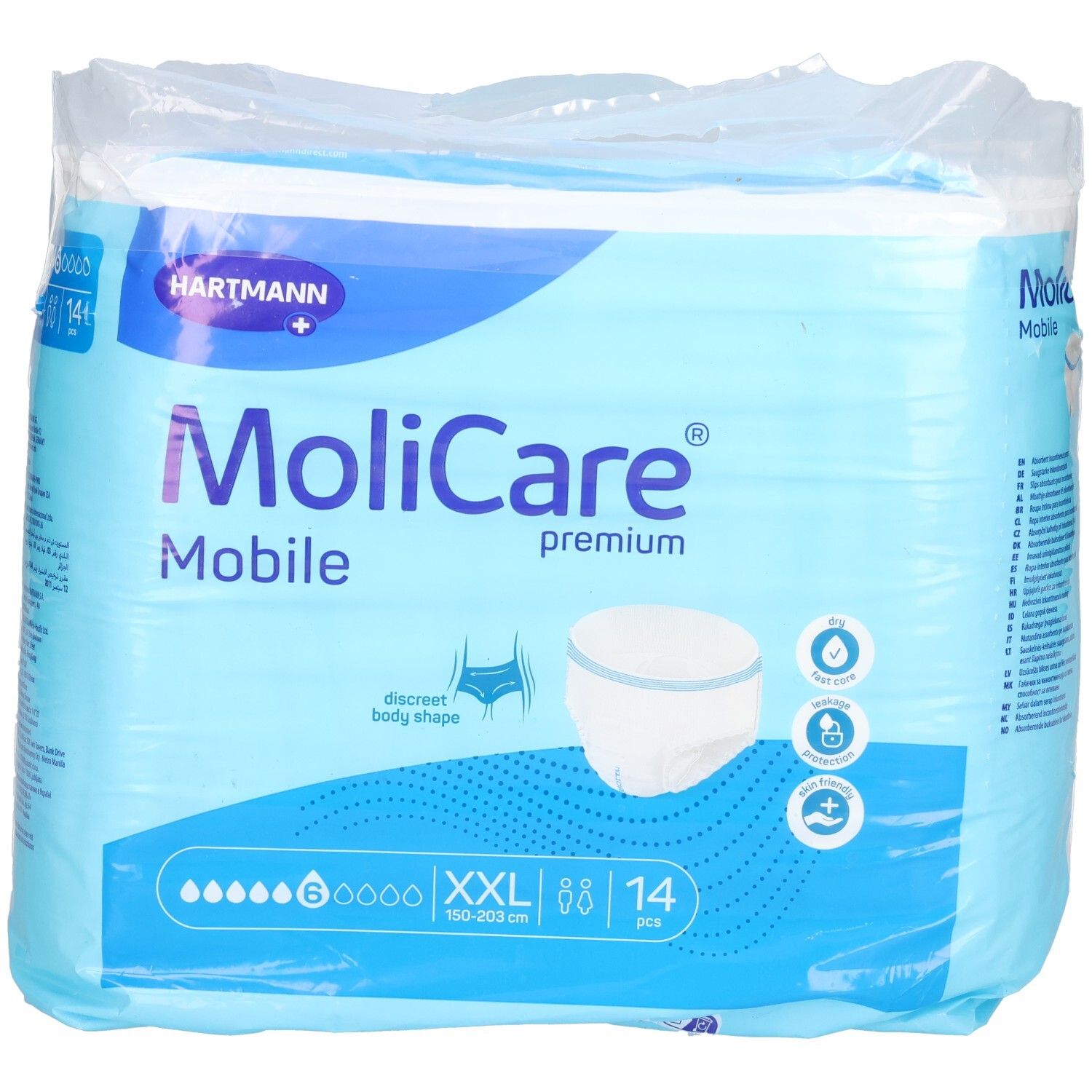 Verpackung MoliCare Mobile Premium, 14 Stück, XXL. Blaue Verpackung mit Produktabbildung und Tropfen-Symbol. Hartmann Logo.