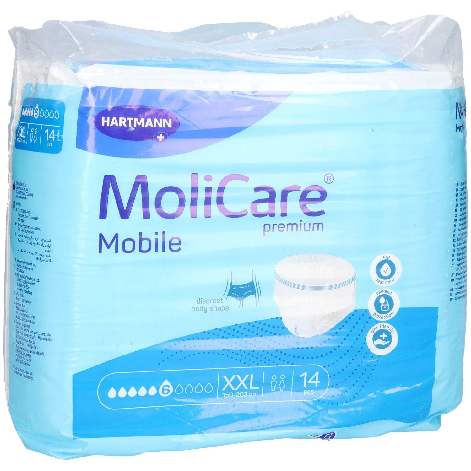 Verpackung MoliCare Mobile Premium, 14 Stück, XXL. Blaue Verpackung mit Produktabbildung und Tropfen-Symbol. Hartmann Logo.