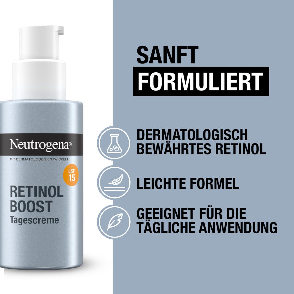 Neutrogena® Retinol Boost Tagescreme. Flasche mit Pumpe. Text: Dermatologisch bewährtes Retinol, leichte Formel.