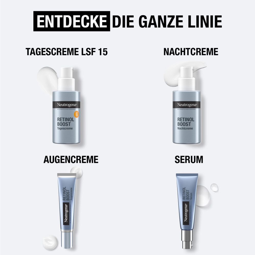 Vier Produkte der Neutrogena® Retinol Boost Linie. Tagescreme, Nachtcreme, Augencreme und Serum. Weißer Hintergrund.