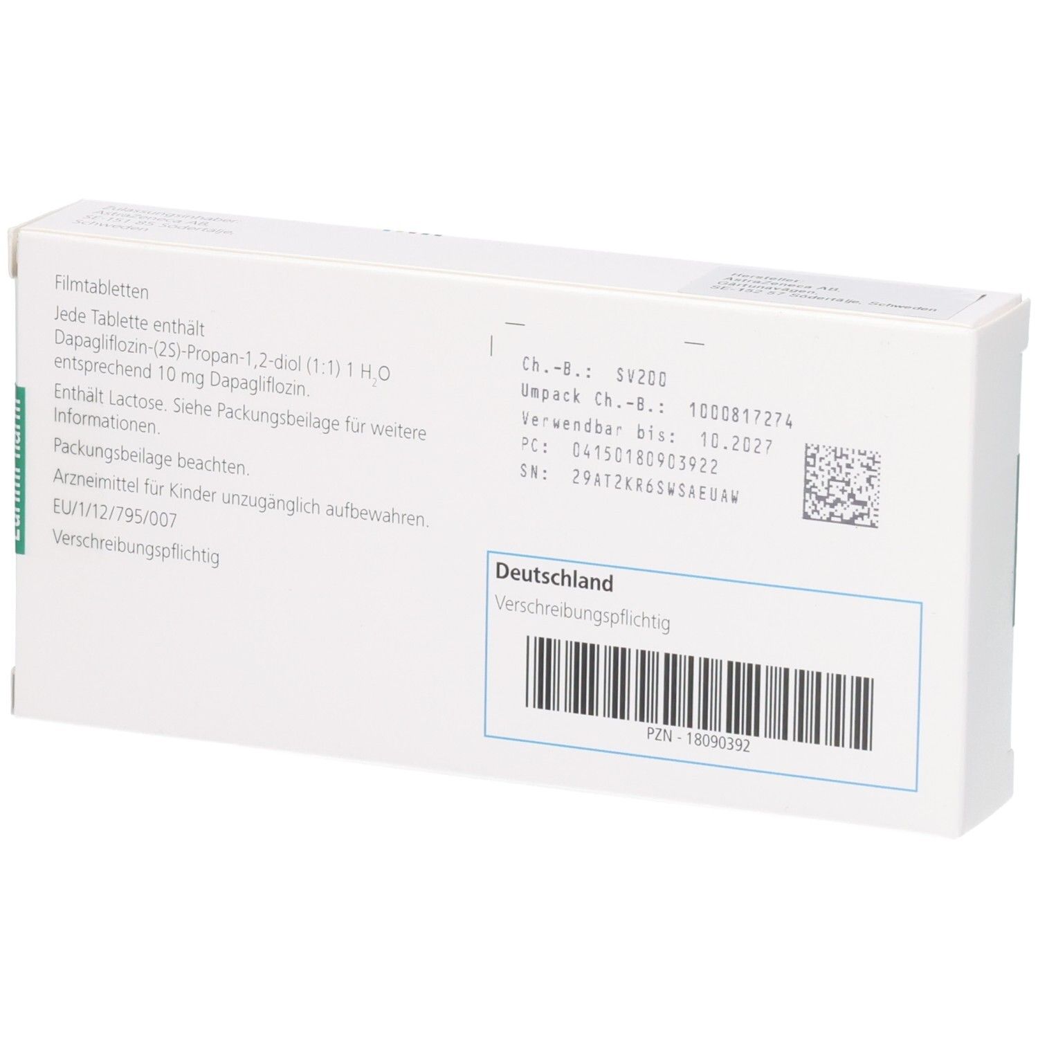 Rückseite einer Schachtel mit Filmtabletten, enthält Dapagliflozin 10 mg.