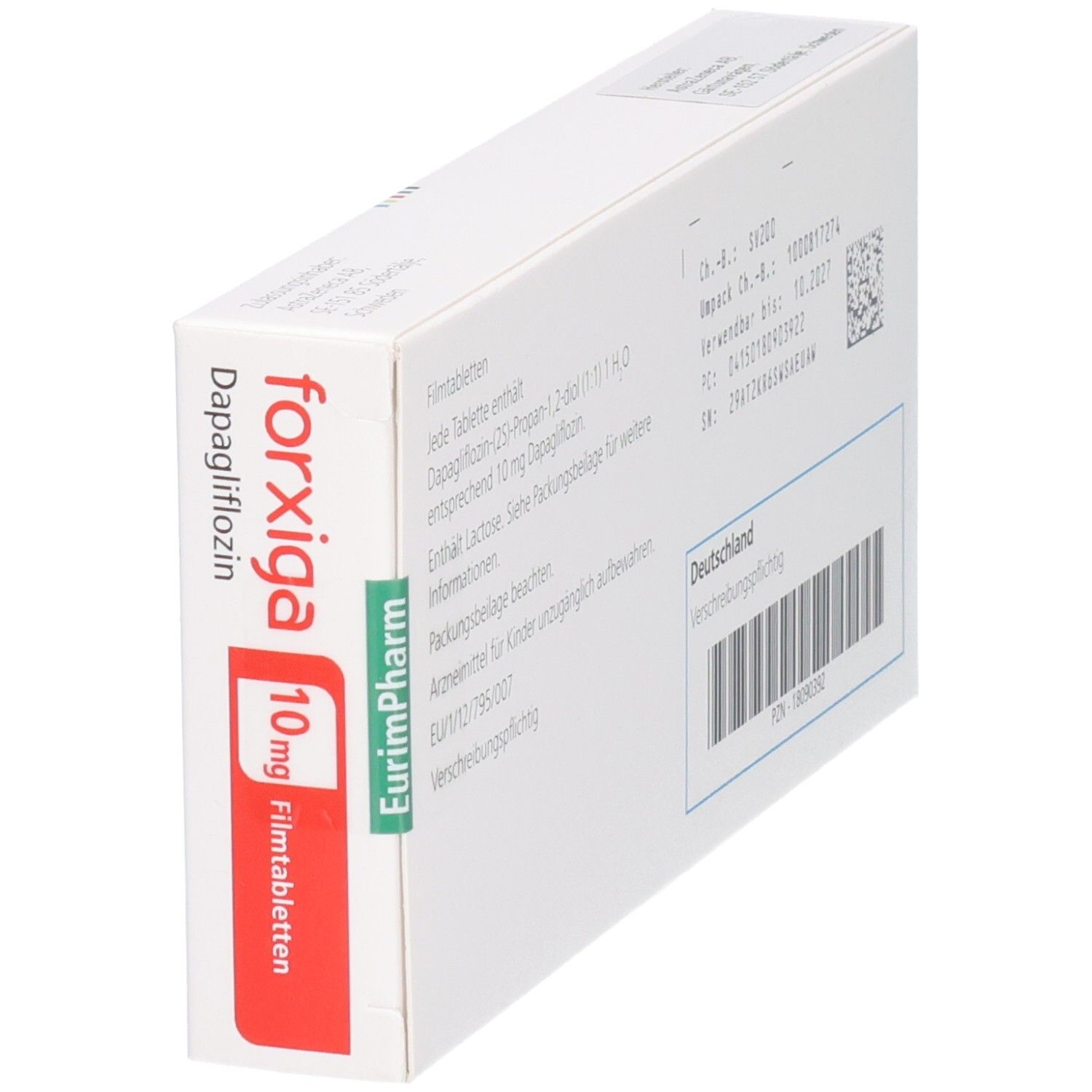 Forxiga 10 mg Filmtabletten. Dapagliflozin. EurimPharm. Faltschachtel.