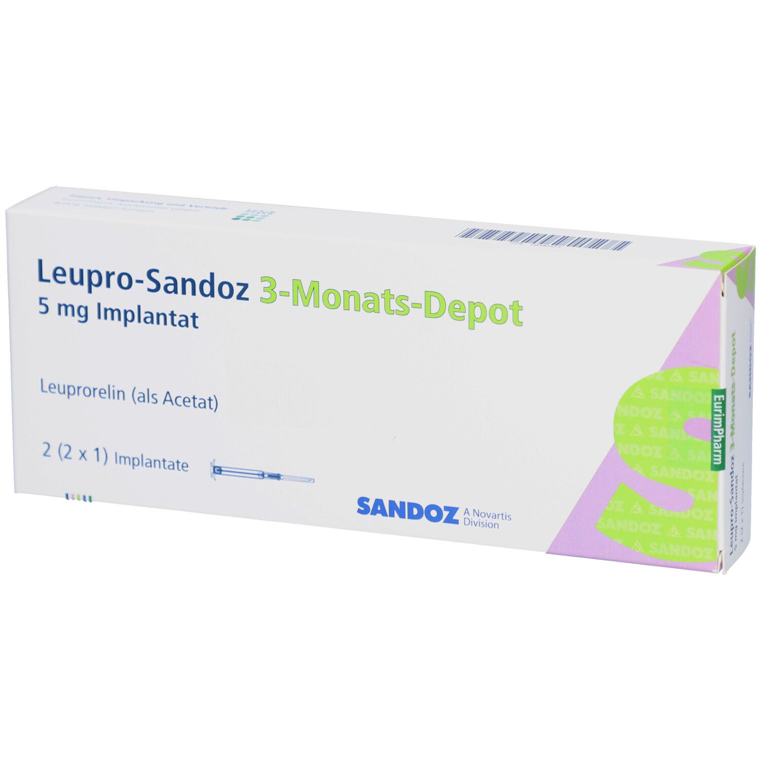 Verpackung von LEUPRO-Sandoz 3-Monats-Depot. Weiß, mit Schriftzug und Logo. Enthält 2 Implantate.