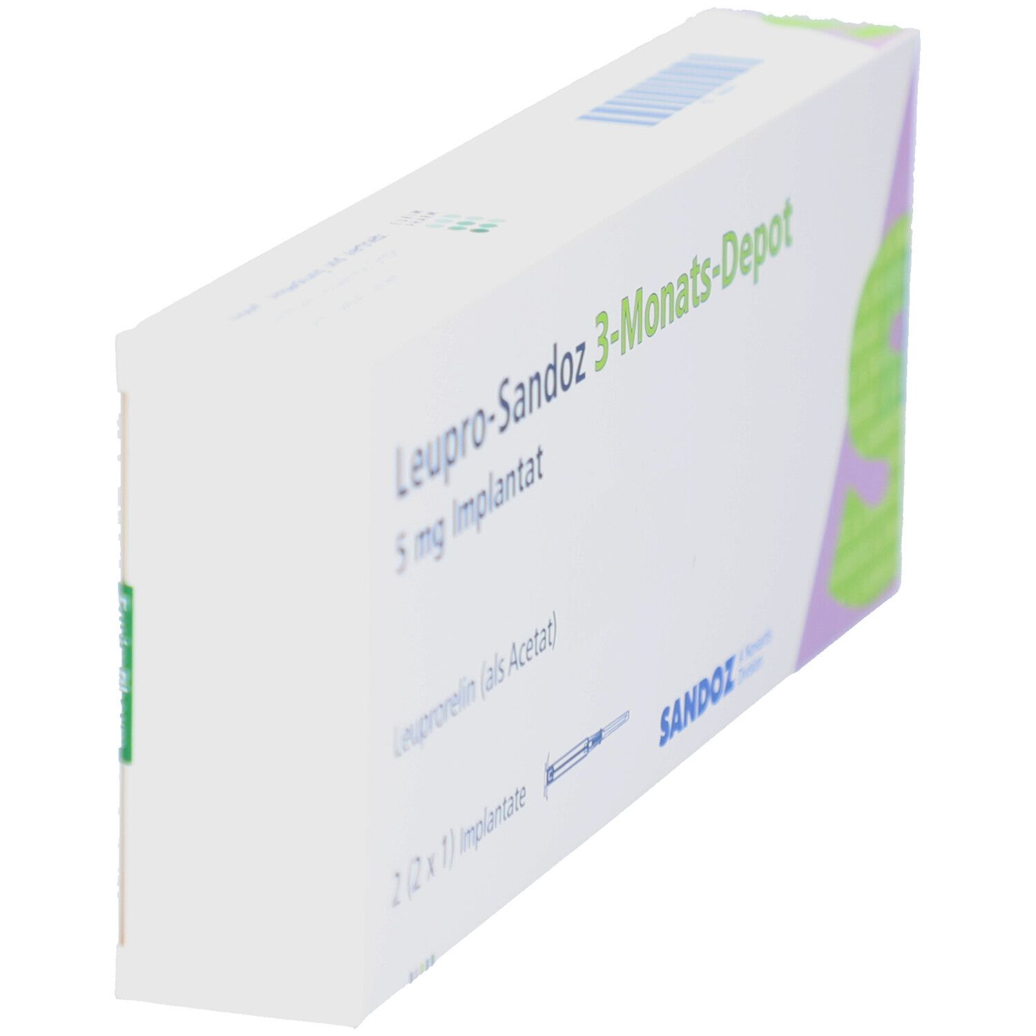 Schrägansicht der LEUPRO-Sandoz 3-Monats-Depot Verpackung. Weiß mit Schriftzug und Logo.