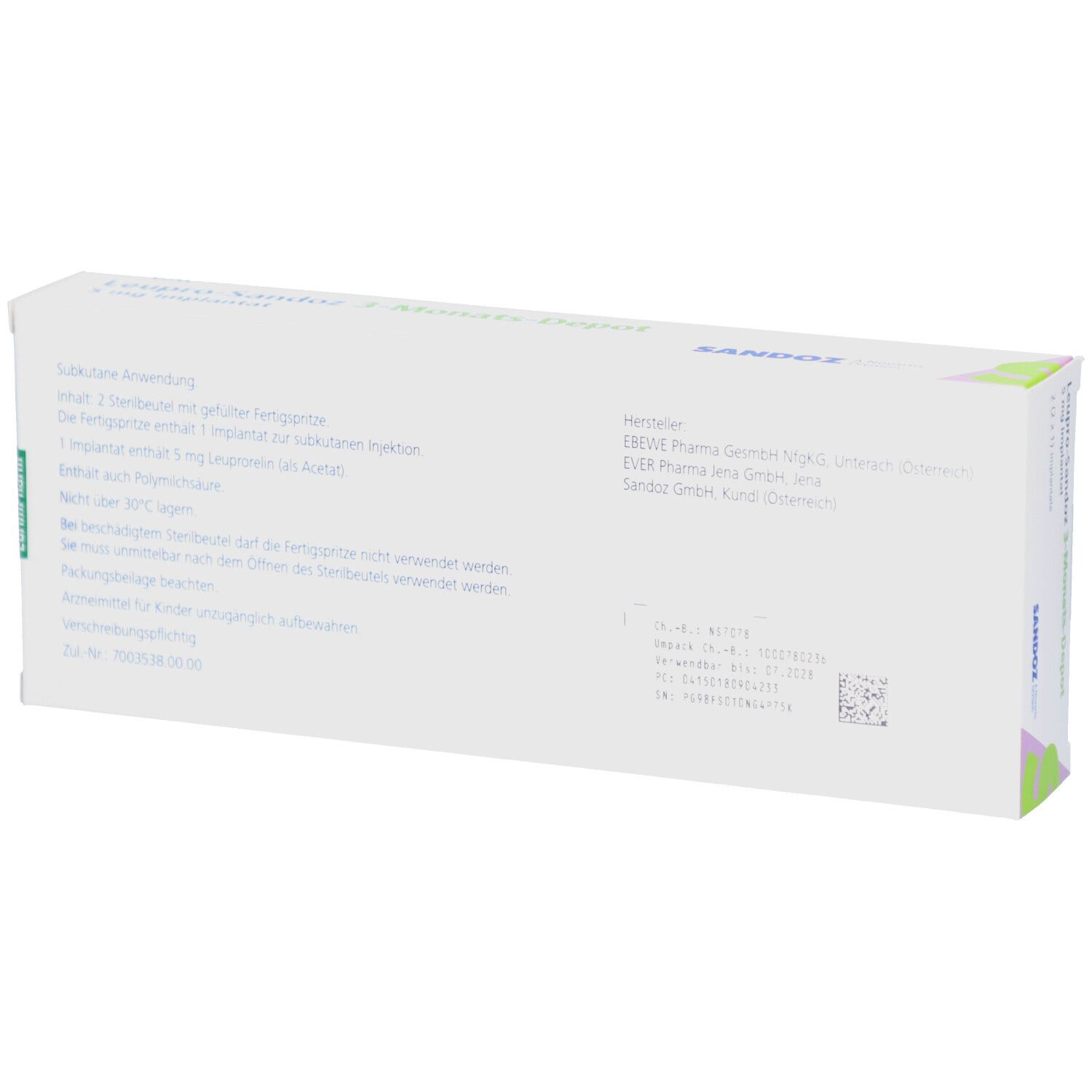 Rückseite der LEUPRO-Sandoz 3-Monats-Depot Verpackung. Weiß mit Text, Herstellerinformationen und Barcode.