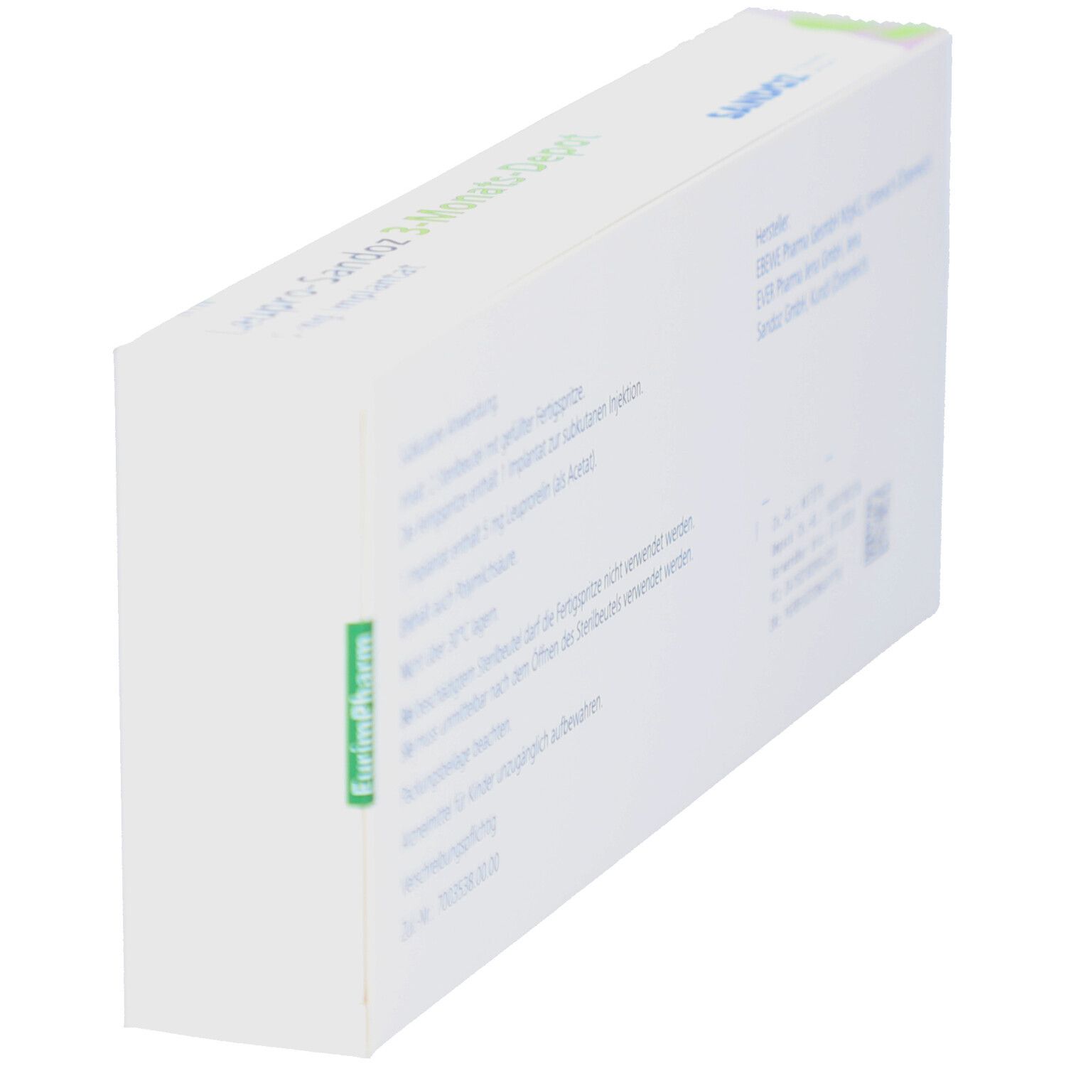 Schrägansicht der Rückseite der LEUPRO-Sandoz 3-Monats-Depot Verpackung. Weiß mit Text.