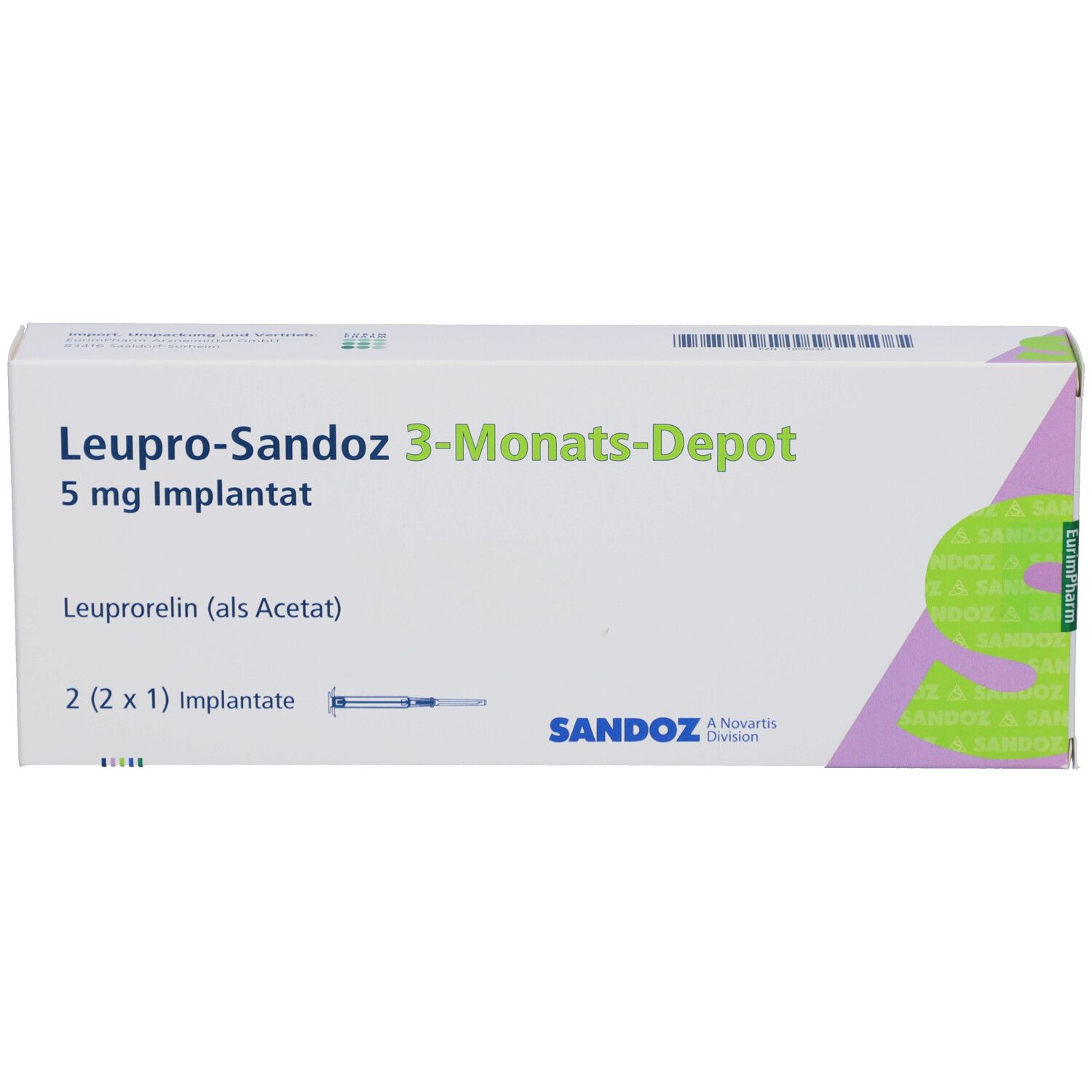 LEUPRO-Sandoz 3-Monats-Depot Verpackung. Weiß mit Schriftzug, Logo und 2 Implantaten.
