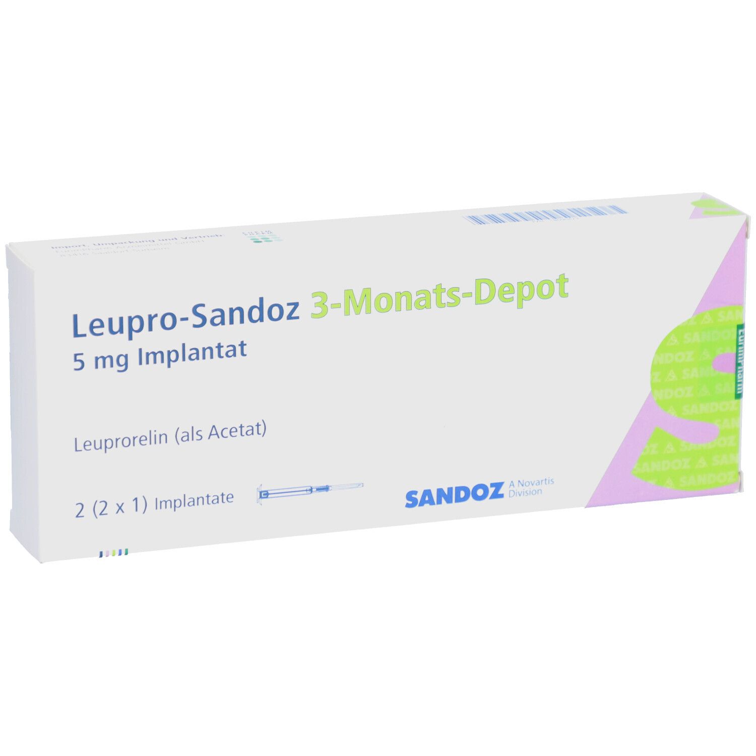 LEUPRO-Sandoz 3-Monats-Depot Verpackung. Weiß mit Schriftzug, Logo und 2 Implantaten.