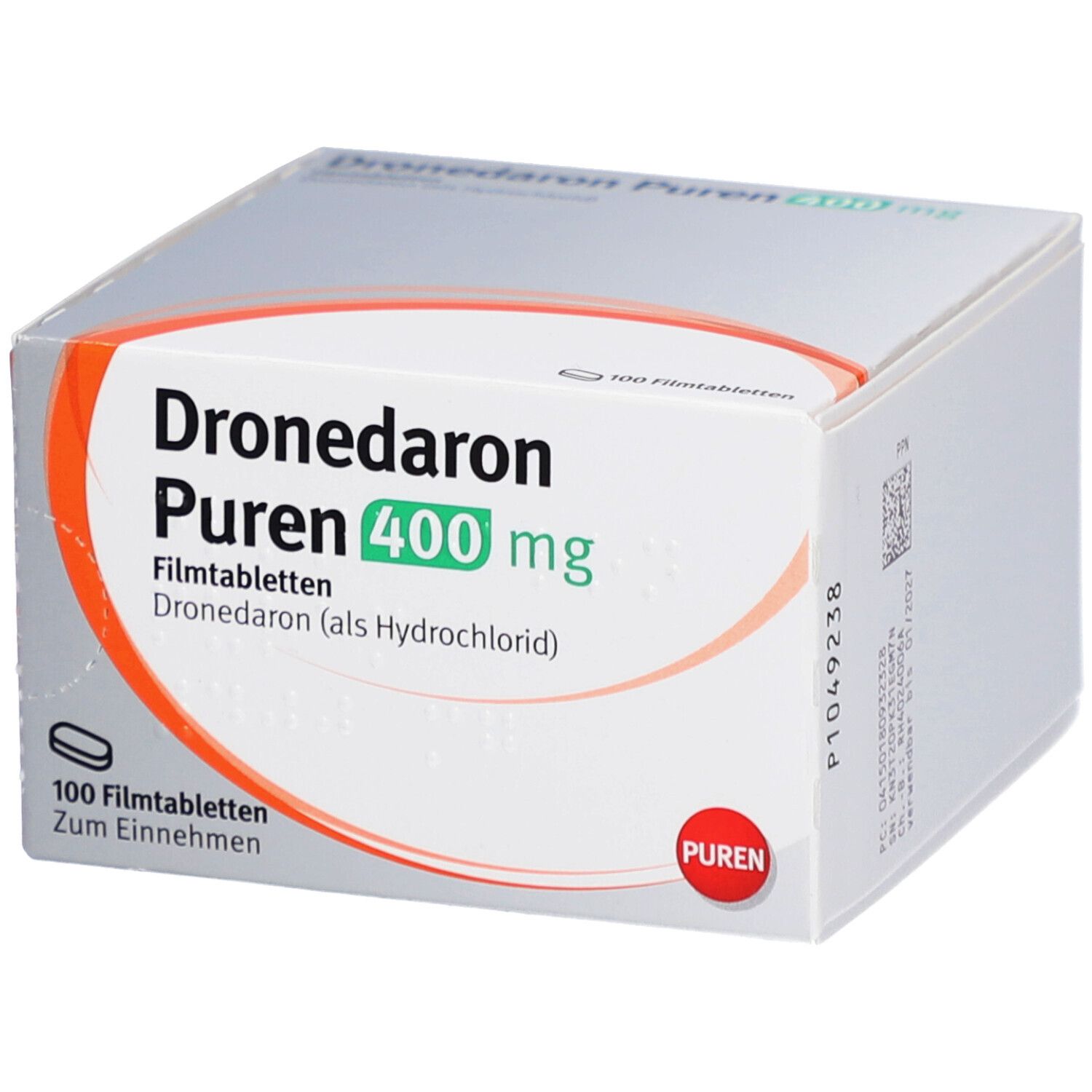 Schachtel mit Filmtabletten. Aufschrift: Dronedaron Puren 400 mg. 100 Filmtabletten. PUREN-Logo.